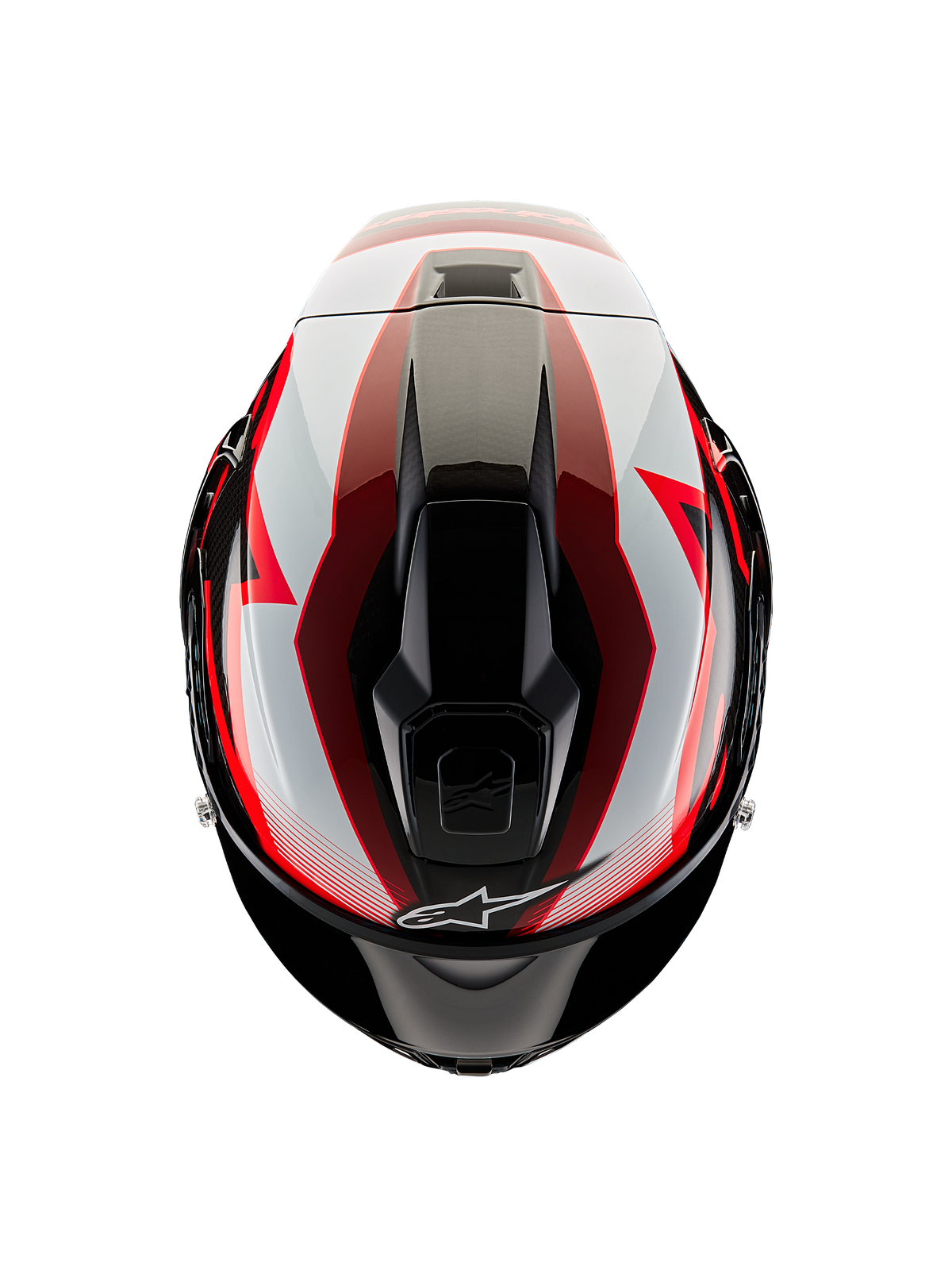Alpinestars Supertech R10 Team Helm, Draufsicht, Schwarz Carbon, Rot und Weiß glänzend, aerodynamische Schale mit zentralen Belüftungsöffnungen und markanten Racing-Grafiken, professioneller Sport-Motorradhelm.