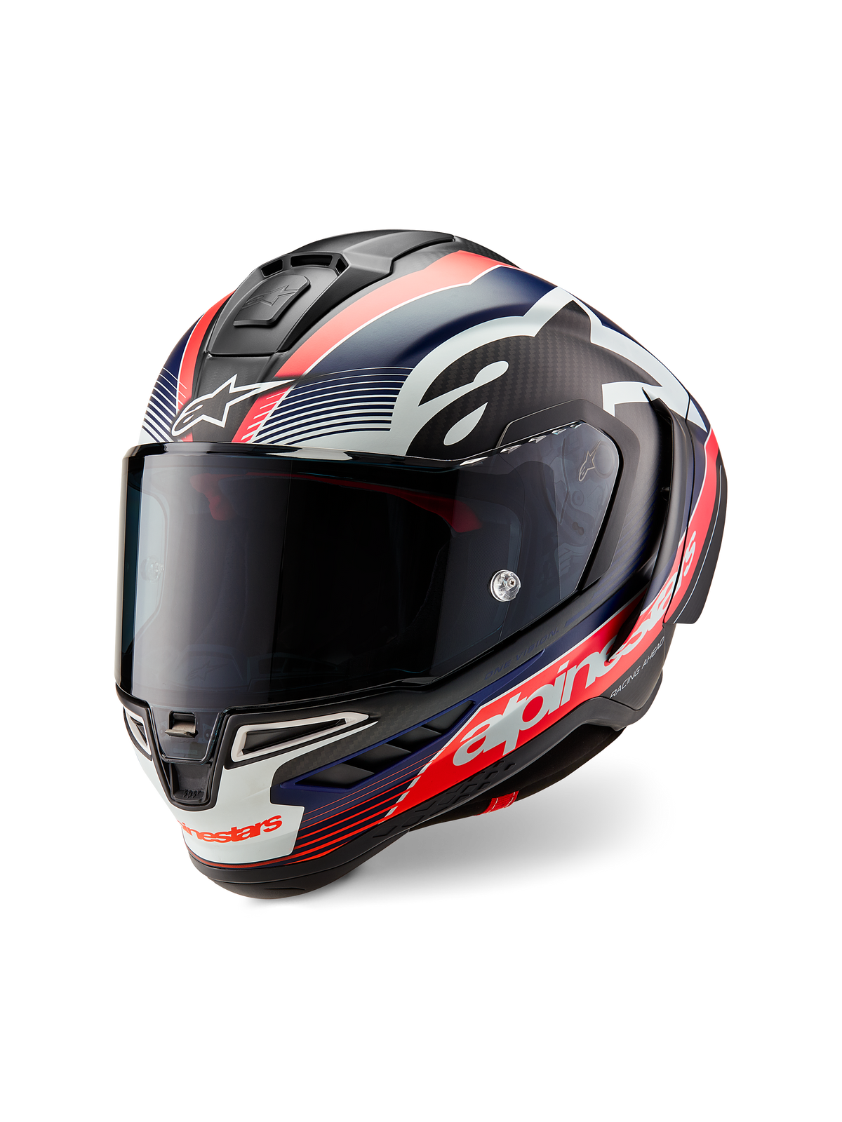 Alpinestars Supertech R10 Team Helm, Black Carbon mit Grafiken in Red Fluo und Mattblau, Dreiviertel-Frontansicht, mit dunkel getöntem Visier, aerodynamischer Rennschale und markantem weißen Alpinestars-Branding.