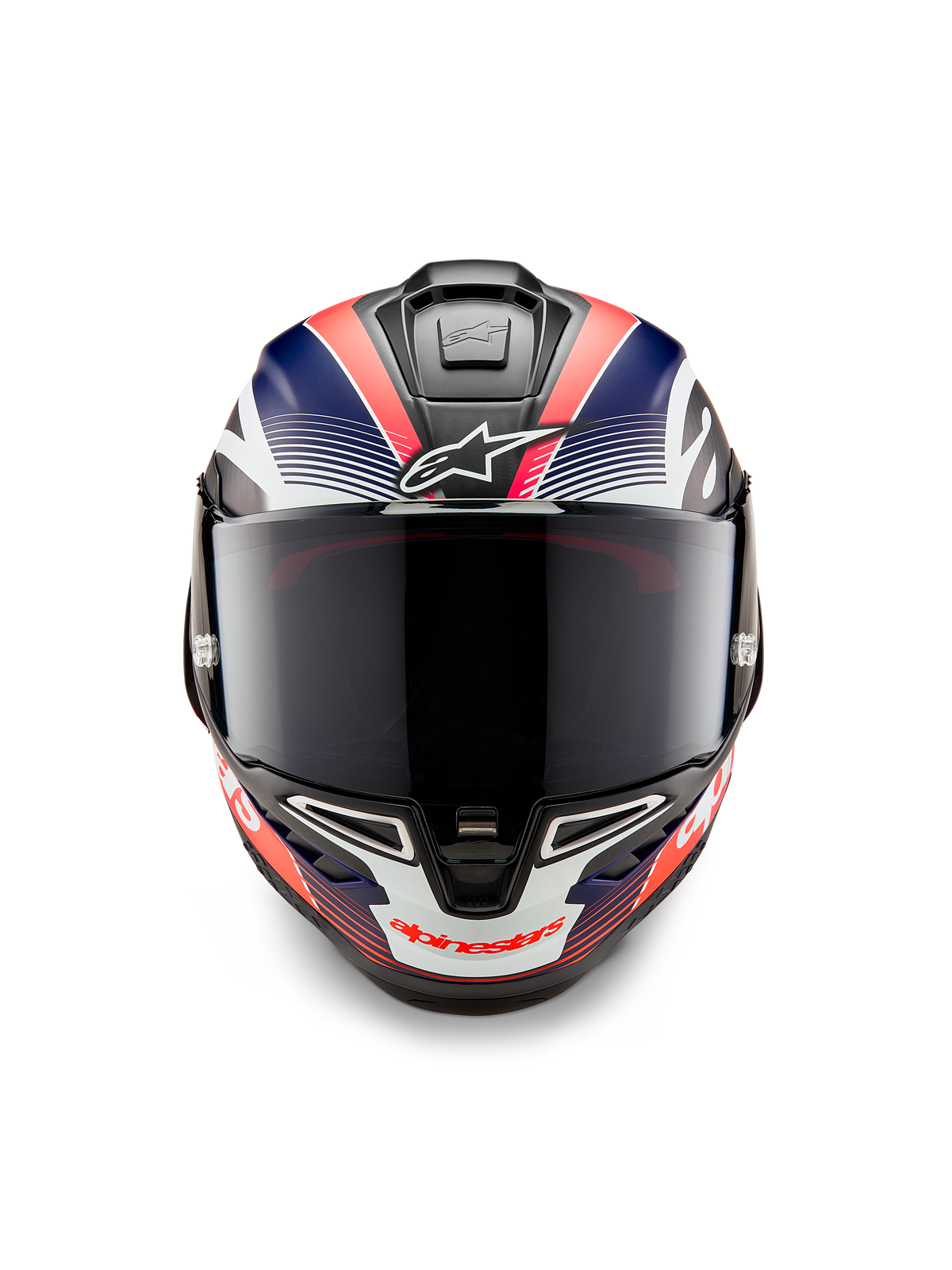Alpinestars Supertech R10 Team Helm, Integral-Motorradrennhelm, Schwarzes Carbon mit mattblauen und fluoreszierend roten Grafiken, Vorderansicht mit dunkel getöntem Visier, aerodynamisches Design mit integrierten Belüftungsöffnungen, Hochleistungs-Rennausrüstung