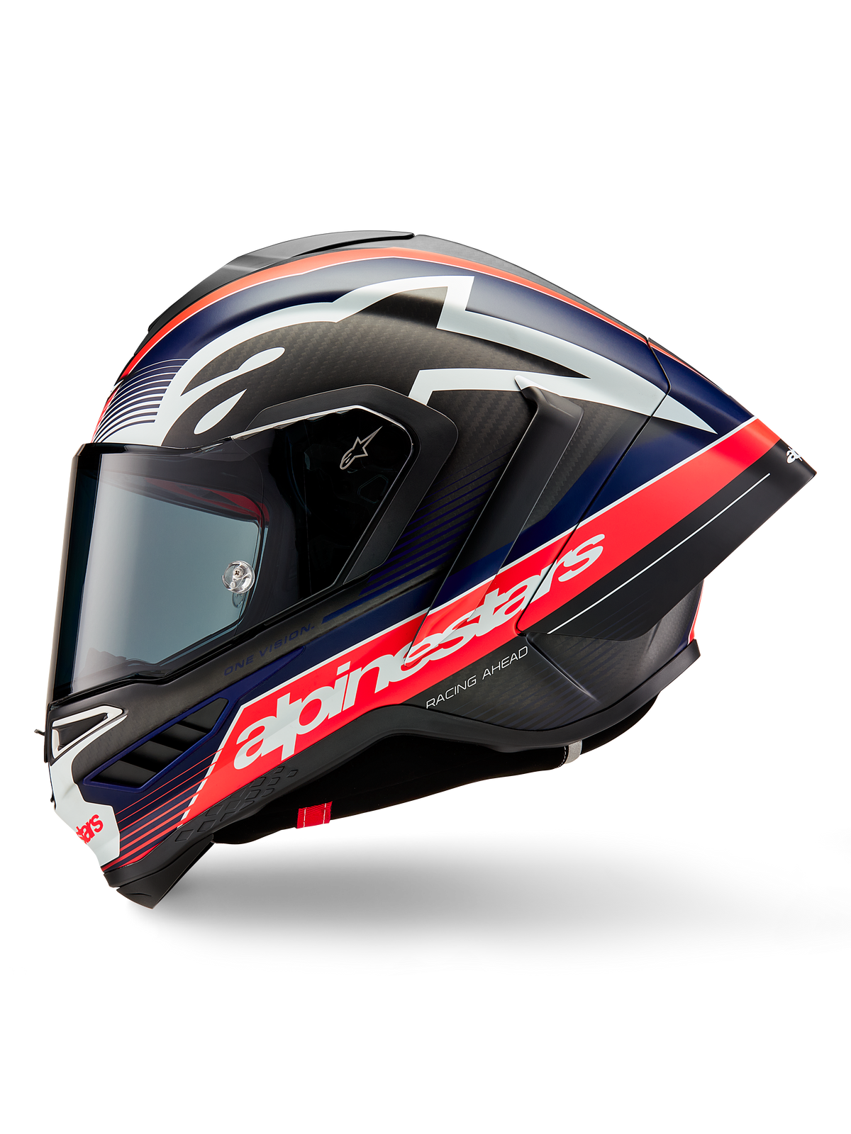 Alpinestars Supertech R10 Team Helm, Seitenansicht, Schwarz Carbon, Rot Fluo und Blau Matt, mit einem großen weißen Alpinestars-Logo auf einem roten Streifen, aerodynamische Kohlefaserschale mit getöntem Visier, Hochleistungs-Motorrad-Rennausrüstung