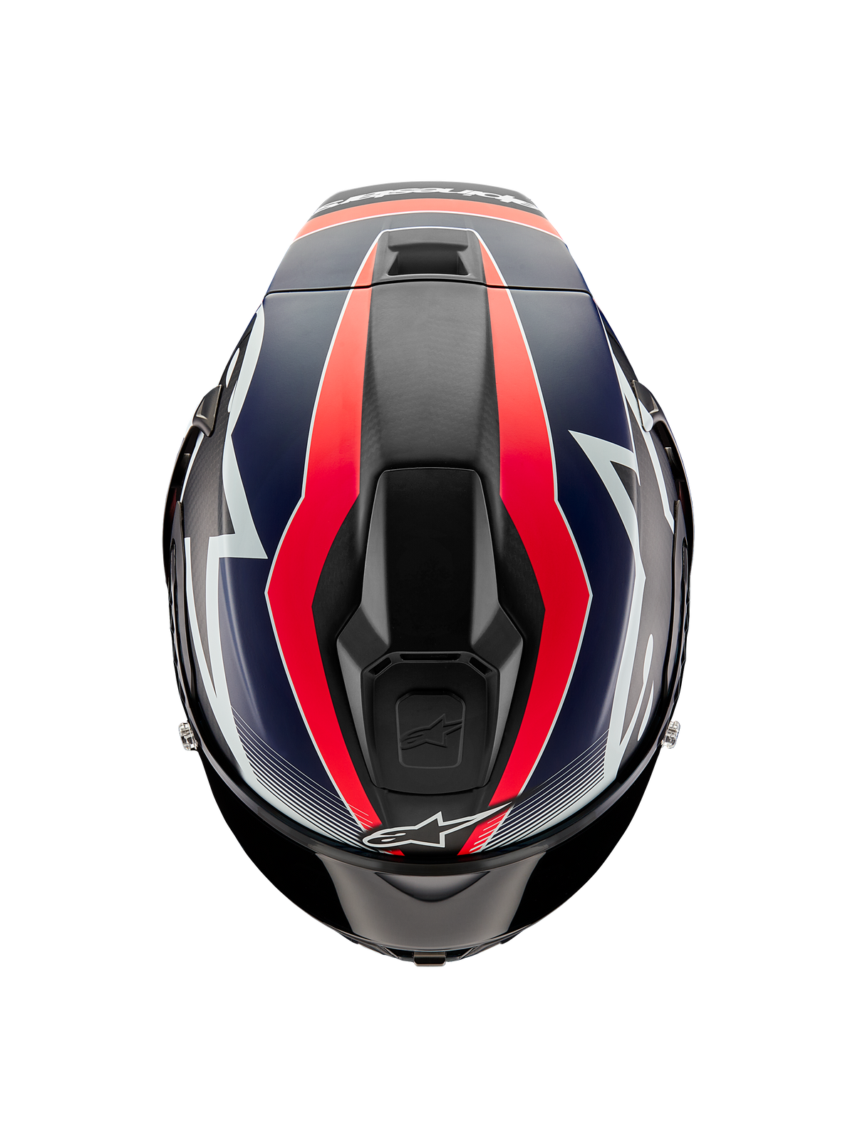 Alpinestars Supertech R10 Team Helm, Draufsicht, Black Carbon mit Grafiken in Red Fluo und Mattblau, aerodynamisches Schalendesign mit oberen Belüftungsöffnungen und markanten Rennakzenten