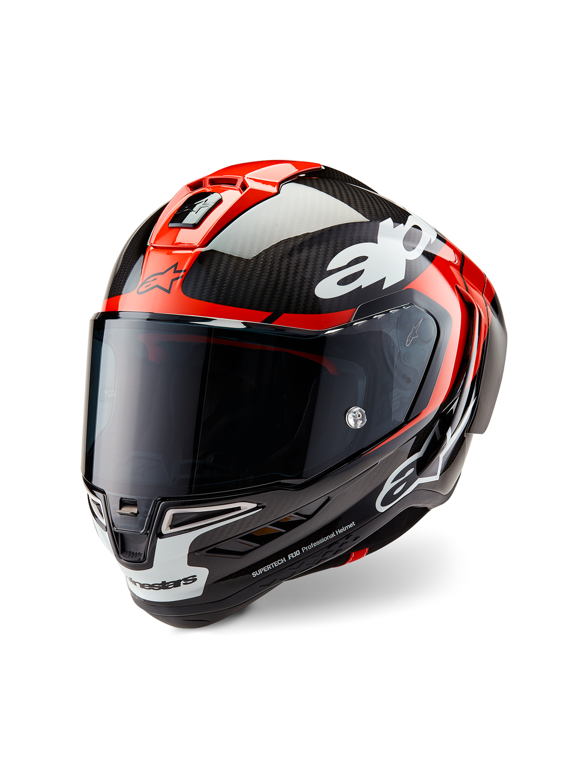 Alpinestars Supertech R10 Element Helm, Rennsport-Motorradhelm, Carbon-Schwarz, leuchtendes Rot und glänzendes Weiß, Dreiviertel-Frontansicht mit dunkel getöntem Visier, glänzende Carbonfaser-Schale, rote Belüftungsöffnungen oben, weiße Akzente am Kinn und markantes Alpinestars-Branding, entwickelt für aerodynamische Rennleistung.