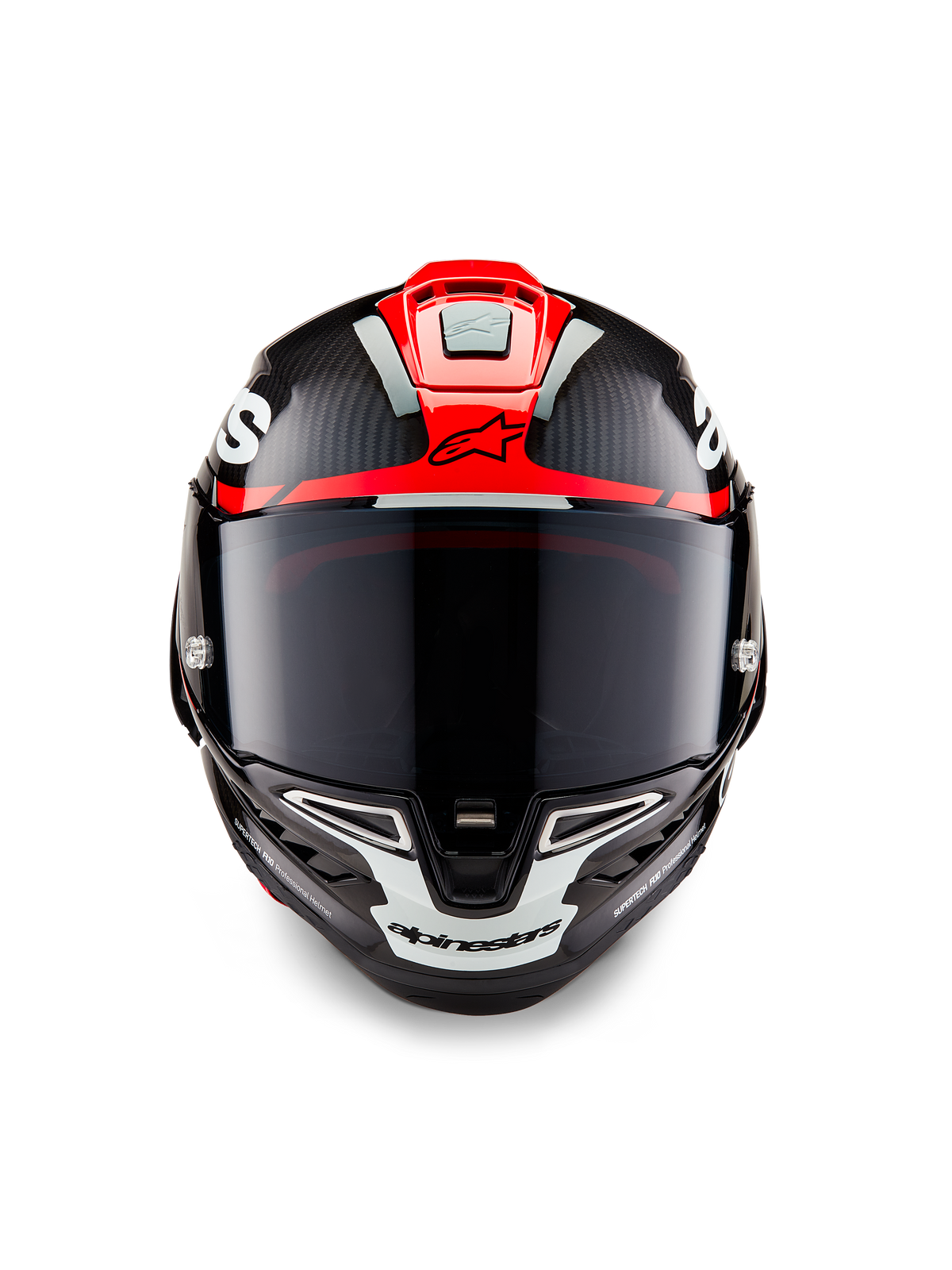 Alpinestars Supertech R10 Element Helm, Black Carbon mit glänzend roten und weißen Grafiken, Frontansicht mit dunkel getöntem Visier, sichtbarer Carbonfaser-Textur und integrierter Belüftung, professioneller Motorrad-Rennhelm