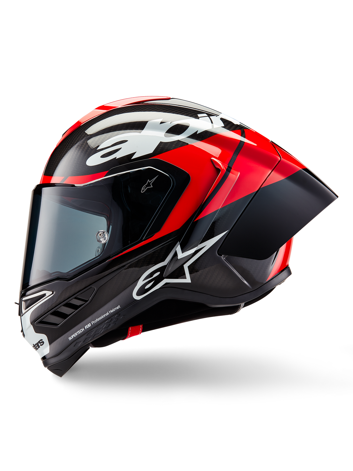 Alpinestars Supertech R10 Element Helm, Integral-Rennhelm, Schwarz Carbon, Hellrot und Weiß glänzend, Seitenansicht der aerodynamischen Carbonfaser-Schale mit sichtbarem Gewebe, weißem Alpinestars-Branding und integriertem Heckspoiler