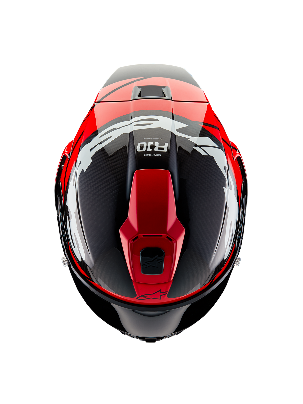 Alpinestars Supertech R10 Element Helm, Draufsicht, Black Carbon mit leuchtend roten und weißen glänzenden Grafiken, aerodynamischer Rennhelm mit großen weißen Logos und sichtbarer Carbonfaser-Struktur