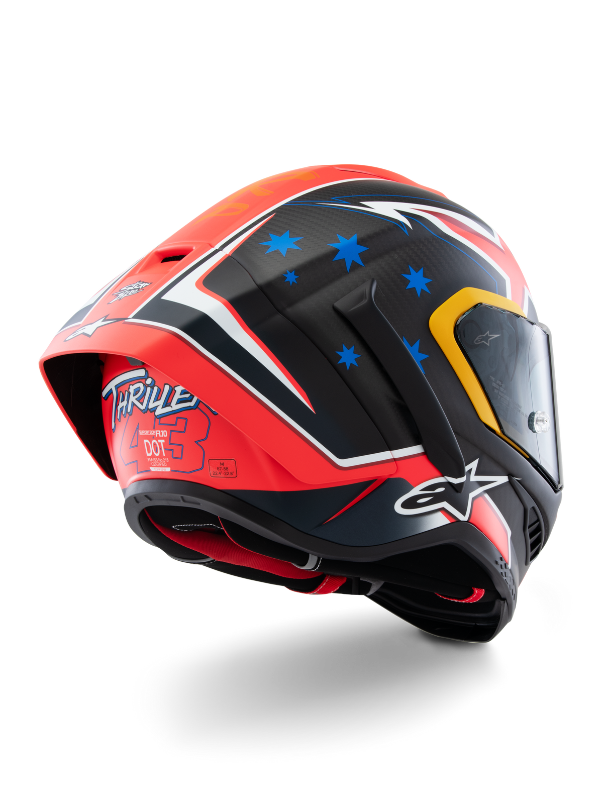 Alpinestars Supertech R10 Miller Limited Edition Helm, Integral-Rennhelm, Carbon Rot Matt mit blauen Sternen und weißen Akzenten, „Thriller 43“-Grafik auf der Rückseite, großer aerodynamischer Spoiler, Carbon-Konstruktion