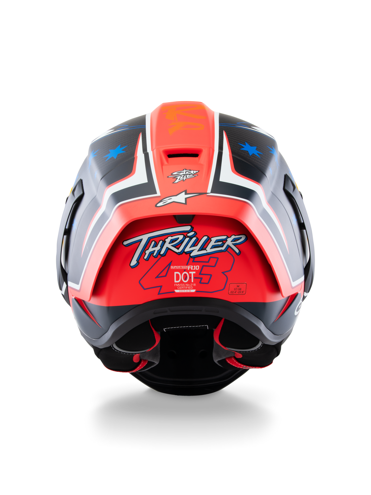 Alpinestars Supertech R10 Miller Limited Edition Helm, Integral-Rennhelm, Carbon Rot Matt mit blauen Sterngrafiken, Rückansicht mit Fokus auf das 'Thriller 43'-Logo auf dem roten Spoiler, aerodynamisches Design mit Zertifizierungsetiketten