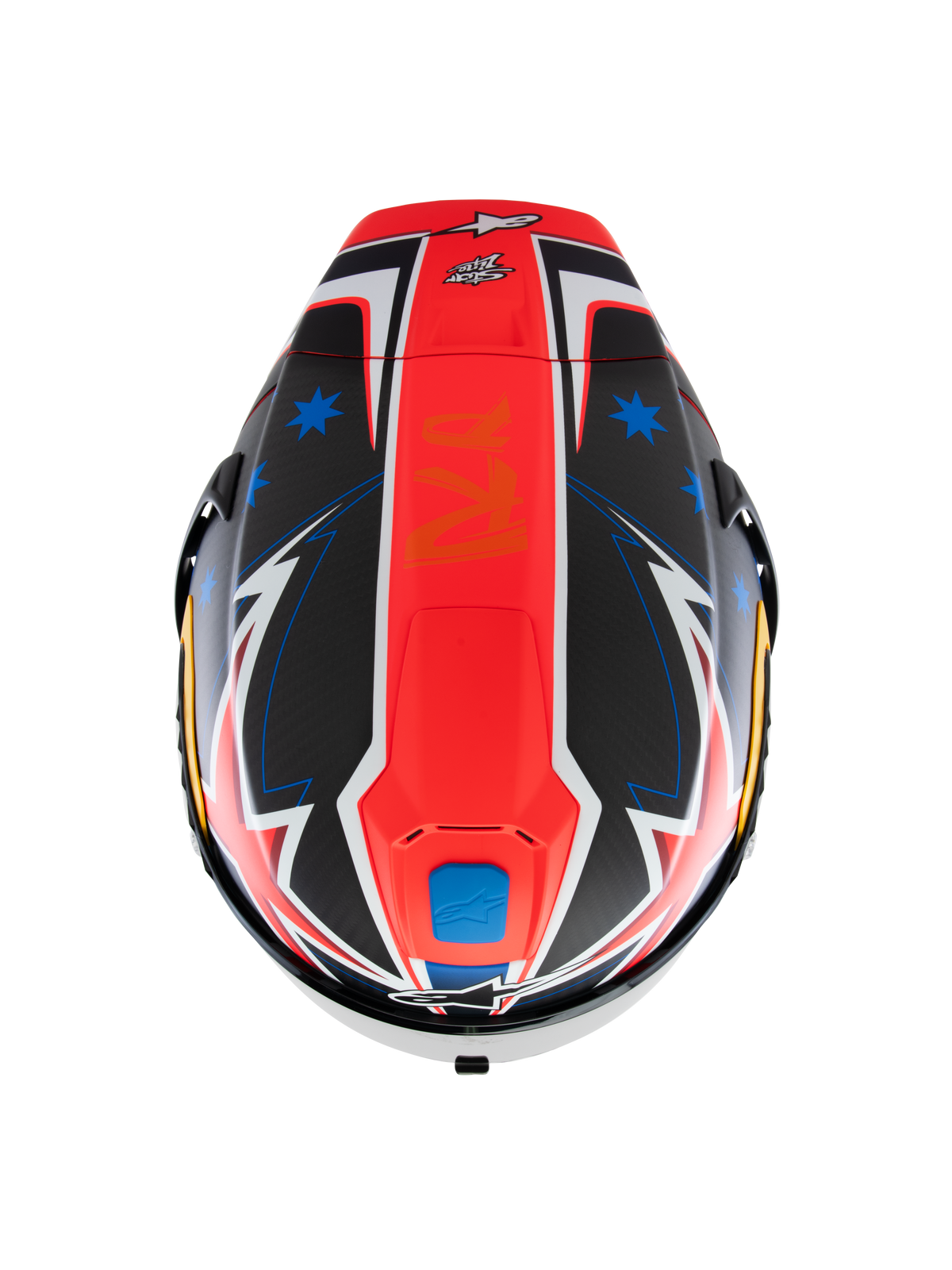 Alpinestars Supertech R10 Miller Limited Edition Helm, Draufsicht, Carbon Red Matt Grafik mit zentralem rotem Streifen, blaue Sterne auf schwarzen Carbonfaser-Abschnitten, weiße und blaue Akzente im Blitz-Stil, aerodynamisches Rennsport-Design für die Performance auf der Rennstrecke.