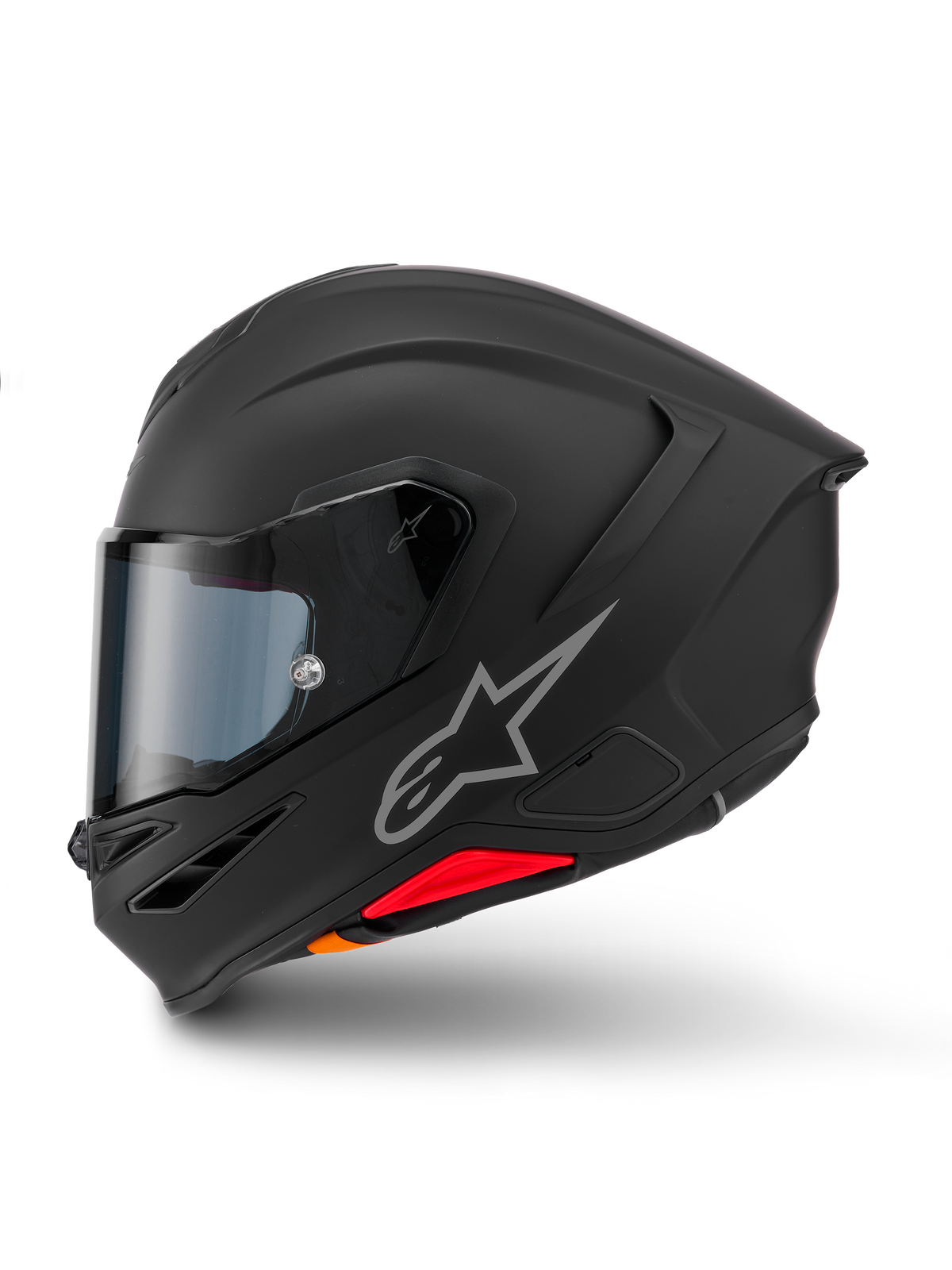 Alpinestars S-R7 Solid Helm, Integral-Motorradhelm, Mattschwarz, Seitenansicht mit silbernem Astars-Logo, aerodynamisches Design mit integriertem Spoiler und roten sowie orangefarbenen Akzenten