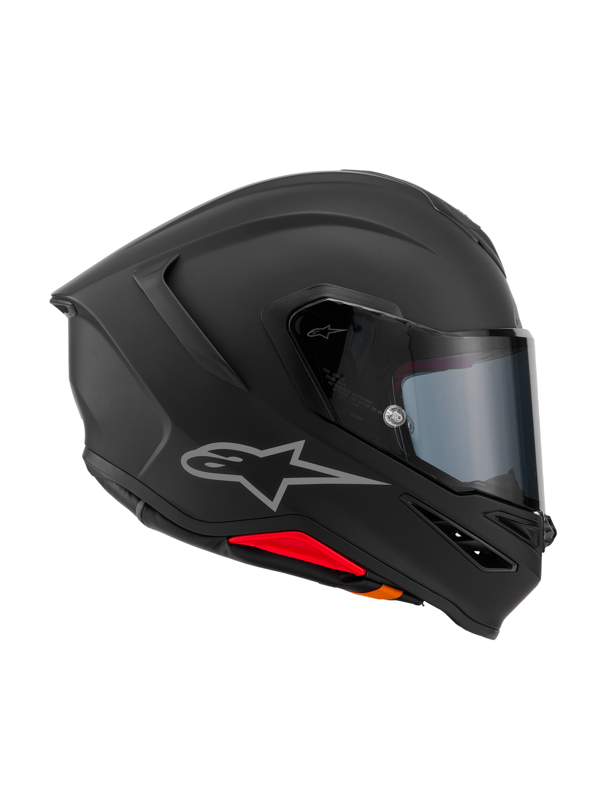 Alpinestars S-R7 Helm Solid, Motorrad-Integralhelm, Mattschwarz, Seitenprofilansicht mit aerodynamischer Carbon-Verbundschale, integriertem Heckspoiler, silbernem Astars-Logo, klarem Visier und Belüftungsöffnungen, Renn- und Sport-Fahrerausrüstung