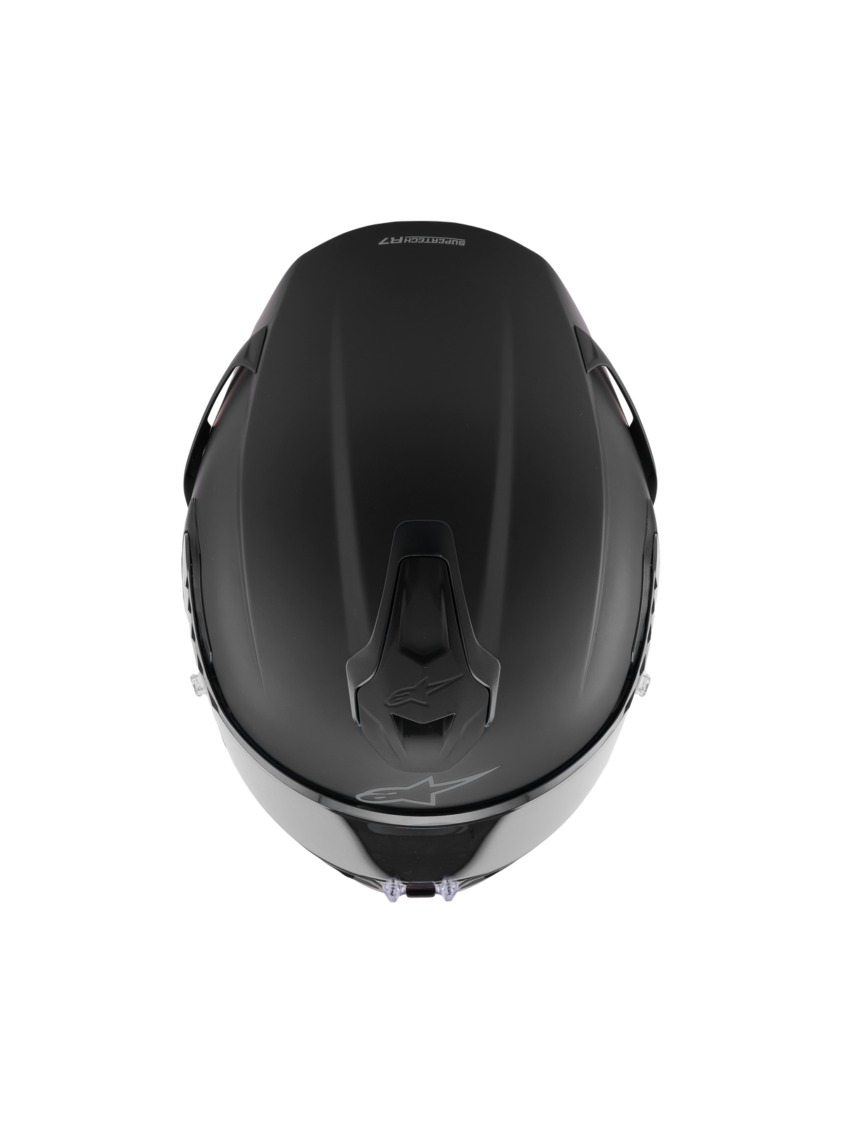 Alpinestars S-R7 Solid Helm, Integral-Rennhelm, Schwarz Matt, Draufsicht zeigt die aerodynamische Schalenkonstruktion, integrierte Belüftungsöffnungen und dezentes Alpinestars-Branding.