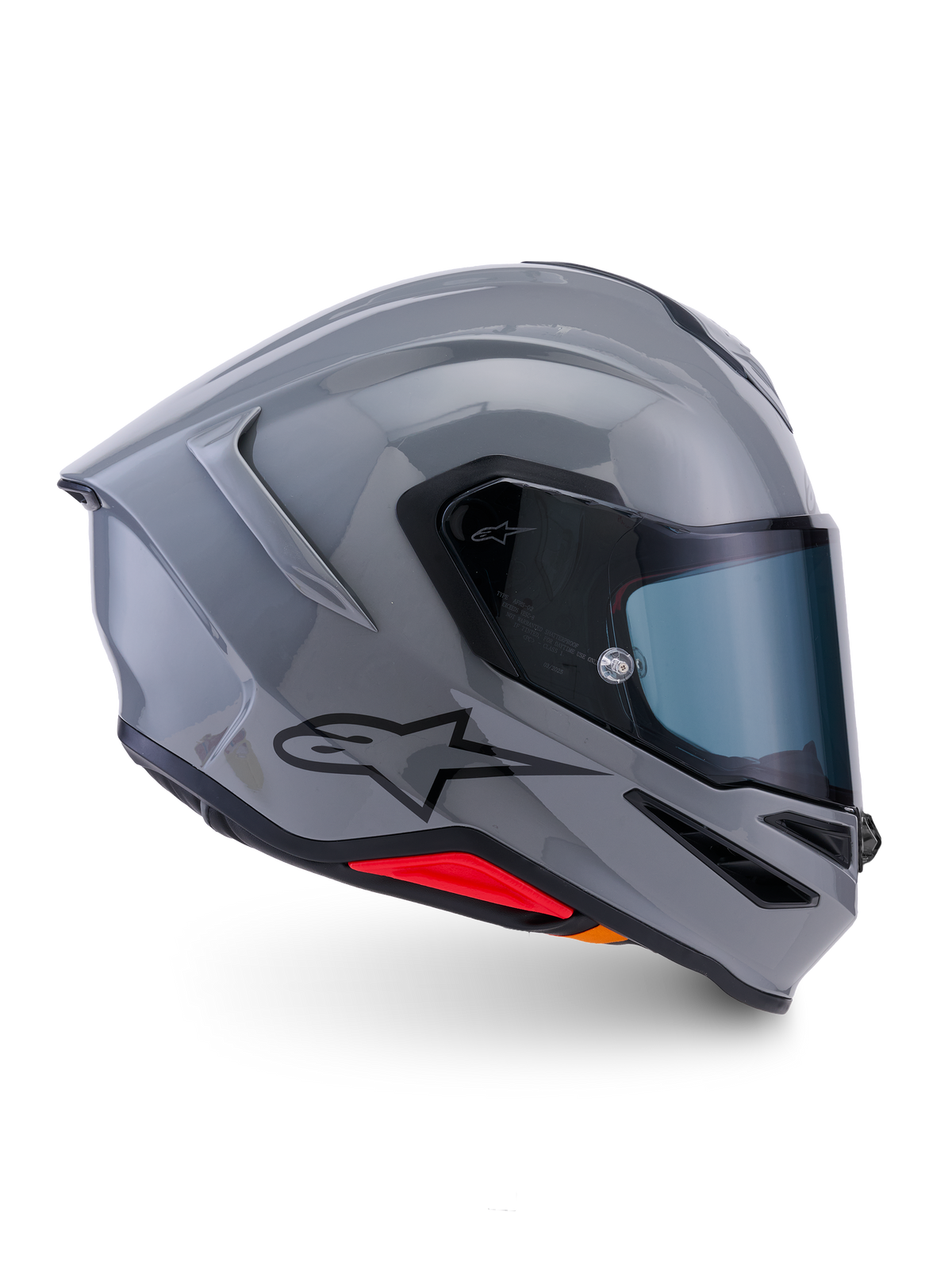 Alpinestars S-R7 Solid Helm, Integral-Motorradhelm, Grau glänzend, Seitenprofilansicht, aerodynamische Schale mit schwarzem Logo und roten Akzenten, Hochleistungs-Rennsport- und Sport-Fahrausrüstung