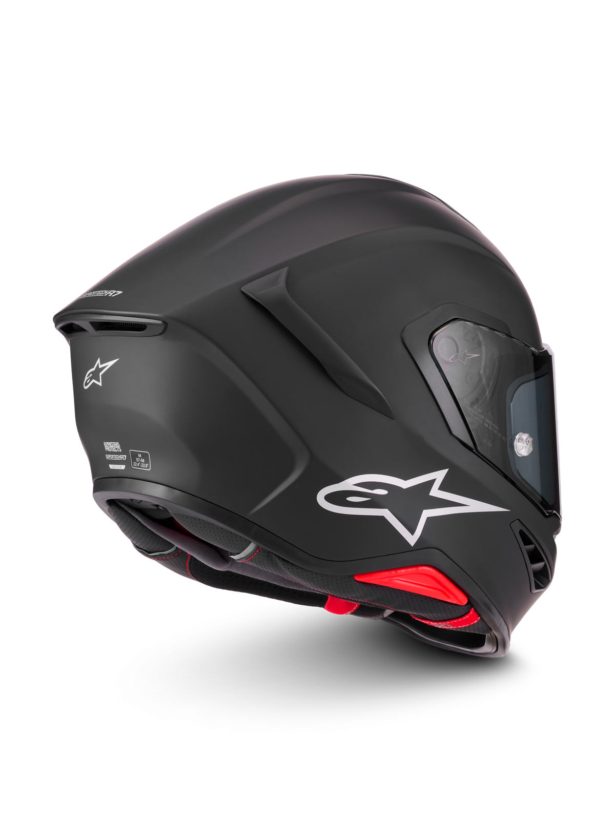 Alpinestars S-R7 Solid Helm, Motorradhelm in Mattschwarz, mit weißem Astar-Logo und roten Innendetails, ECE- und DOT-zertifizierter Renn- und Straßenhelm