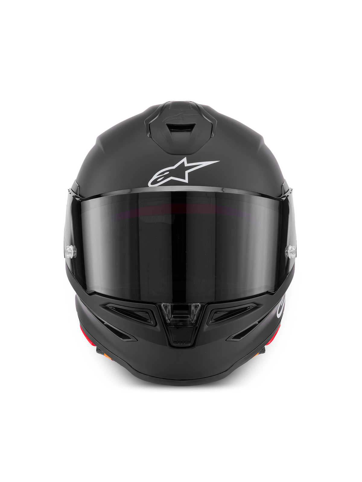 Alpinestars S-R7 Solid Helm, Integral-Motorradhelm, Mattschwarz, Frontansicht mit getöntem Visier, weißem Astar-Logo und Kohlefaserverbundkonstruktion