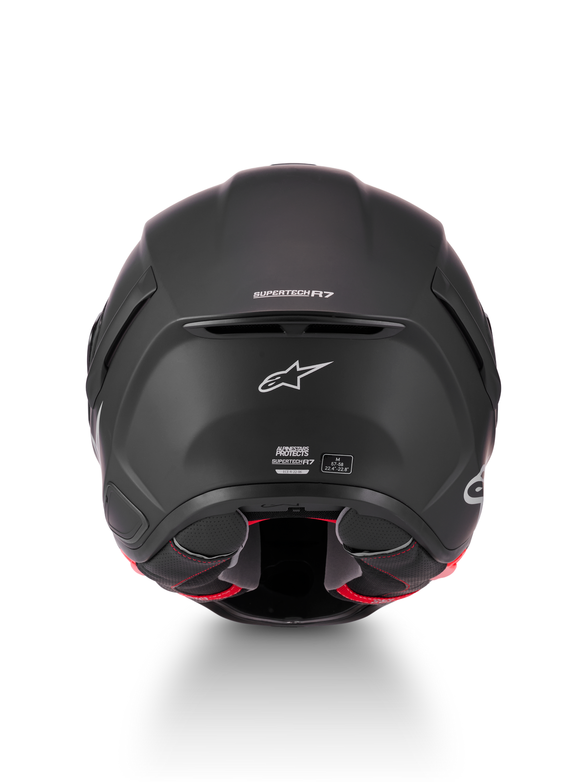 Alpinestars S-R7 Solid Helm, Motorradrennhelm, Mattschwarz, Rückansicht mit Supertech R7 Branding, Belüftungsabzug und Zertifizierungsetiketten