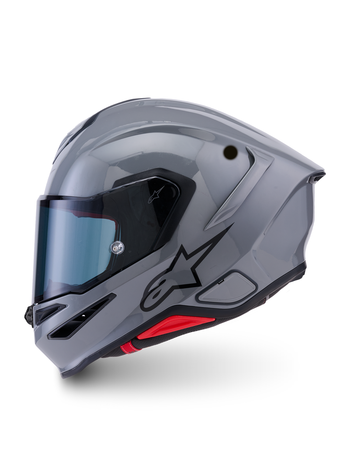 Alpinestars S-R7 Helm, glänzender Motorradhelm in Grau, getöntes Visier, Kohlefaserverbundschale, ECE-zertifiziert und schwarzes Alpinestars Logo in der Seitenansicht