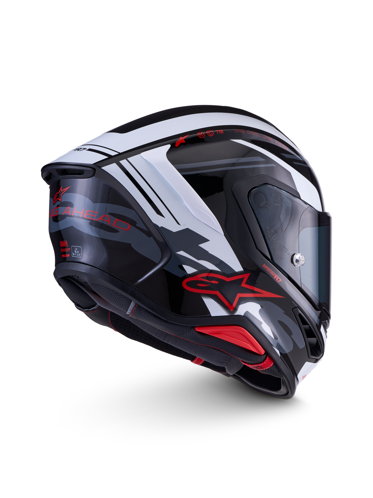 Alpinestars S-R7 A-Core Helm, Integral-Motorradrennhelm, Schwarz, Weiß und Rot, ECE-zertifizierte Kohlefaserverbundkonstruktion mit fortschrittlicher Aerodynamik