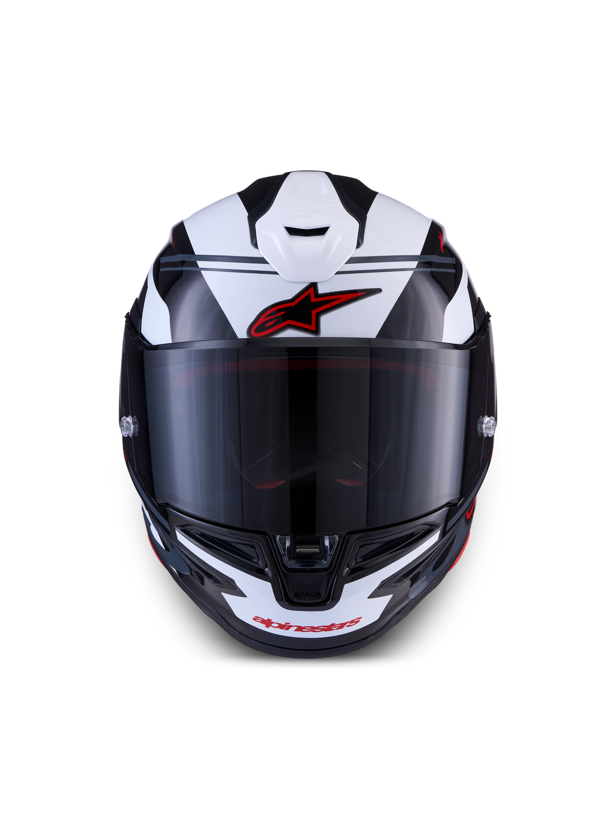 Alpinestars S-R7 A-Core Helm ECE 22.06, Integralhelm für Motorrad-Rennsport, Schwarz, Weiß und Rot, Vorderansicht mit aerodynamischem Design und Visier