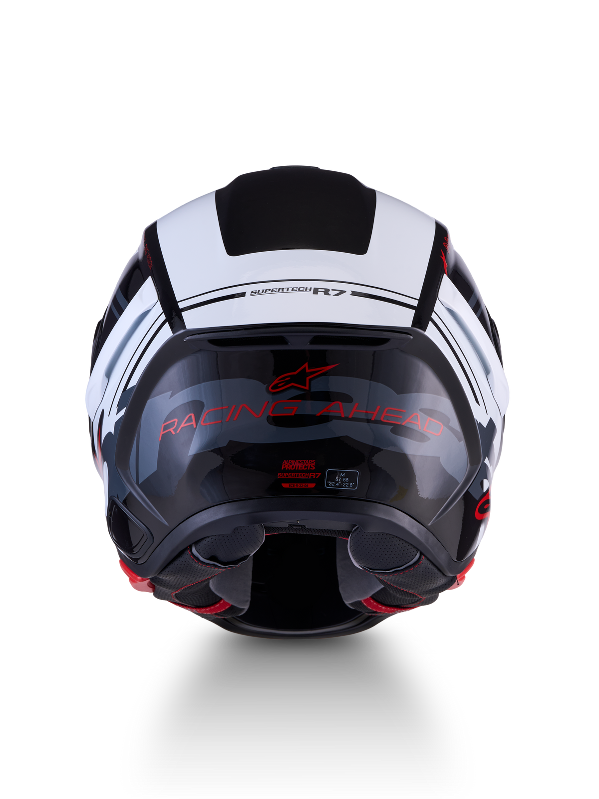 Alpinestars S-R7 A-Core Helm, Motorradhelm für die Rennstrecke, Rückansicht mit Kohlefaserverbundkonstruktion, Schwarz, Weiß und Rot, RACING AHEAD Schriftzug und ECE-Zertifizierung