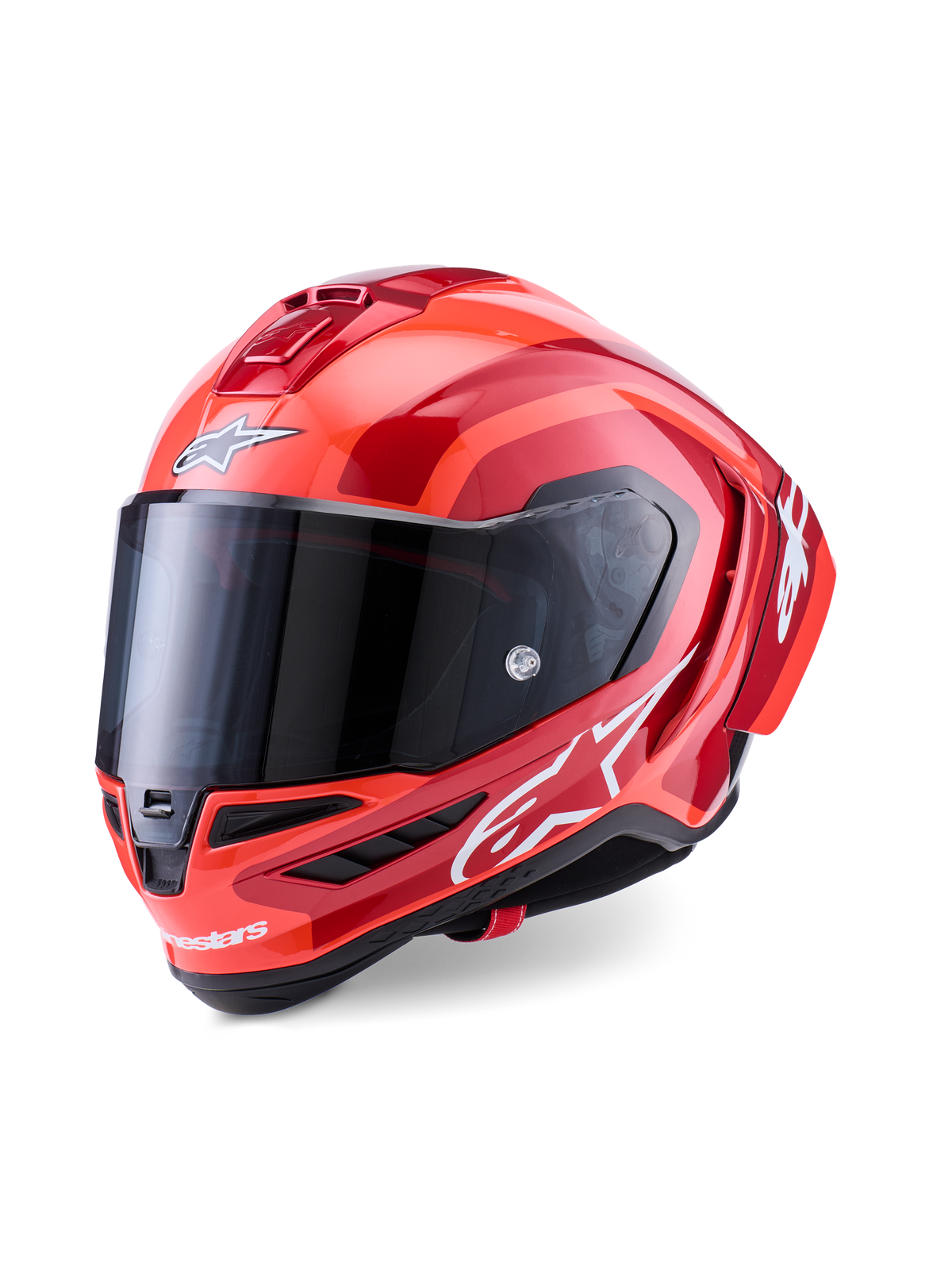 Alpinestars Supertech R10 Arius Helmet, Full-face Racing Helmet, Red and Orange Glossy, featuring white Alpinestars logos, dark tinted visor, aerodynamic carbon composite design with multi-vent cooling system