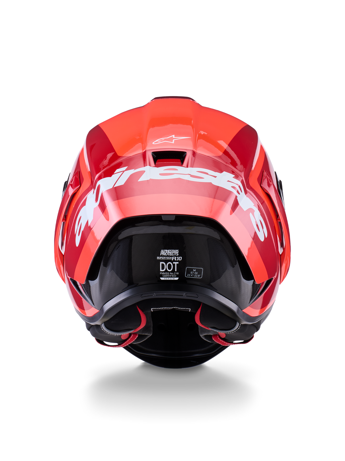 Alpinestars Supertech R10 Arius Helmet, Rear View, Glossy Red and Dark Red design, Large white Alpinestars wordmark across the back, DOT and ECE certification labels visible, high-performance aerodynamic racing helmet