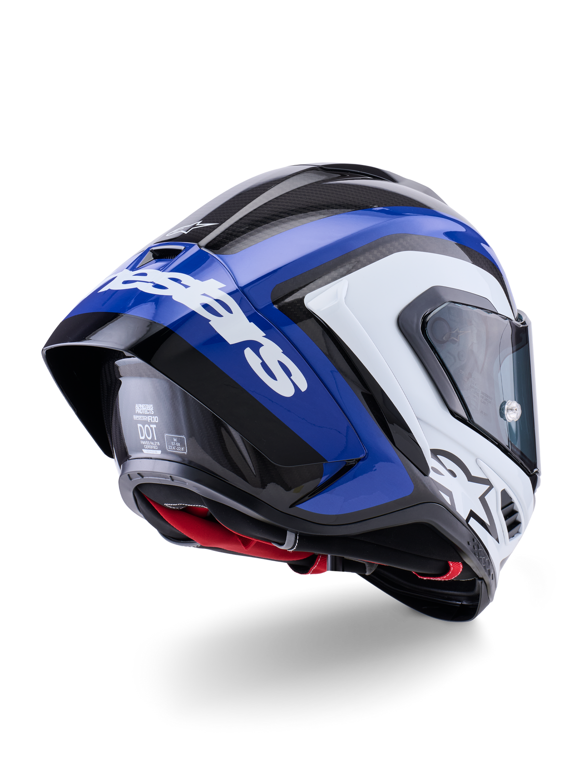 Alpinestars Supertech R10 Arius Helm, Integral-Rennhelm, Schwarz, Weiß und Blau glänzend, Dreiviertel-Rückansicht mit aerodynamischem Spoiler, sichtbarer Carbonfaser-Struktur und markantem weißen Alpinestars-Branding