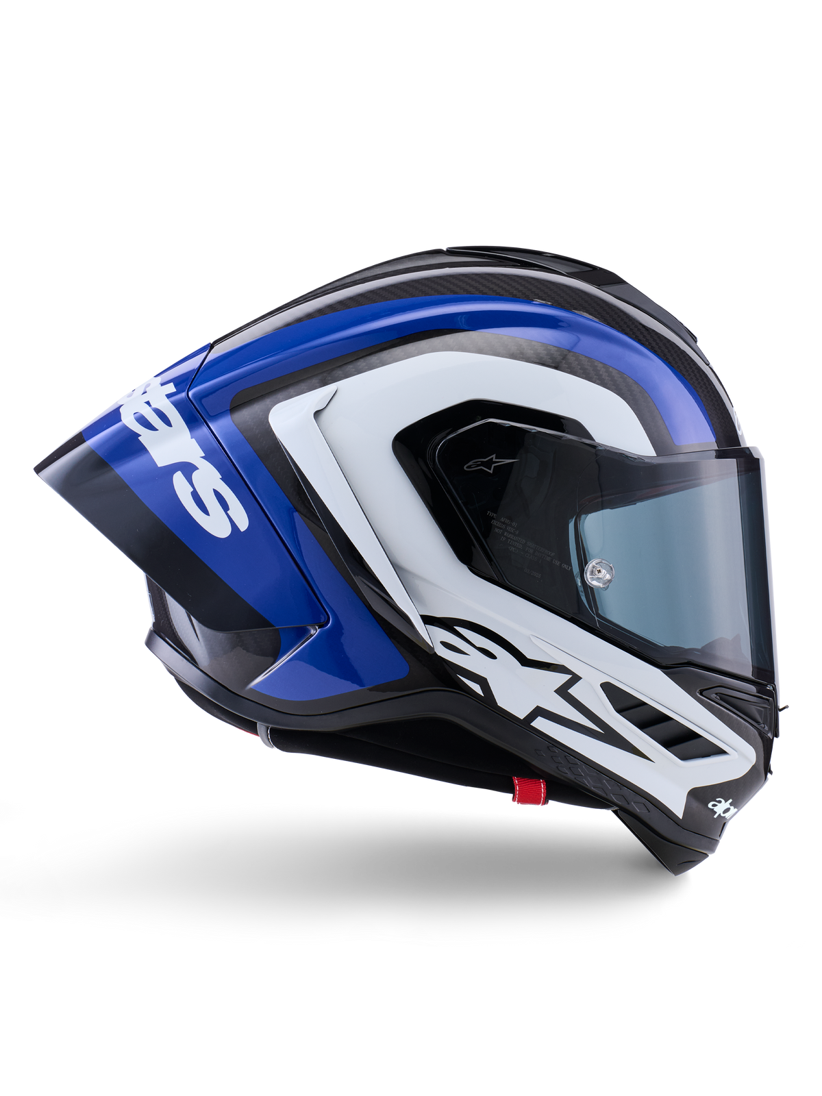 Alpinestars Supertech R10 Arius Helm, Integral-Rennhelm, glänzendes Finish in Schwarz, Weiß und Blau, aerodynamische Seitenansicht mit Carbonfaser-Schale und großem Heckspoiler mit Alpinestars-Logo, professionelle Motorrad-Schutzausrüstung