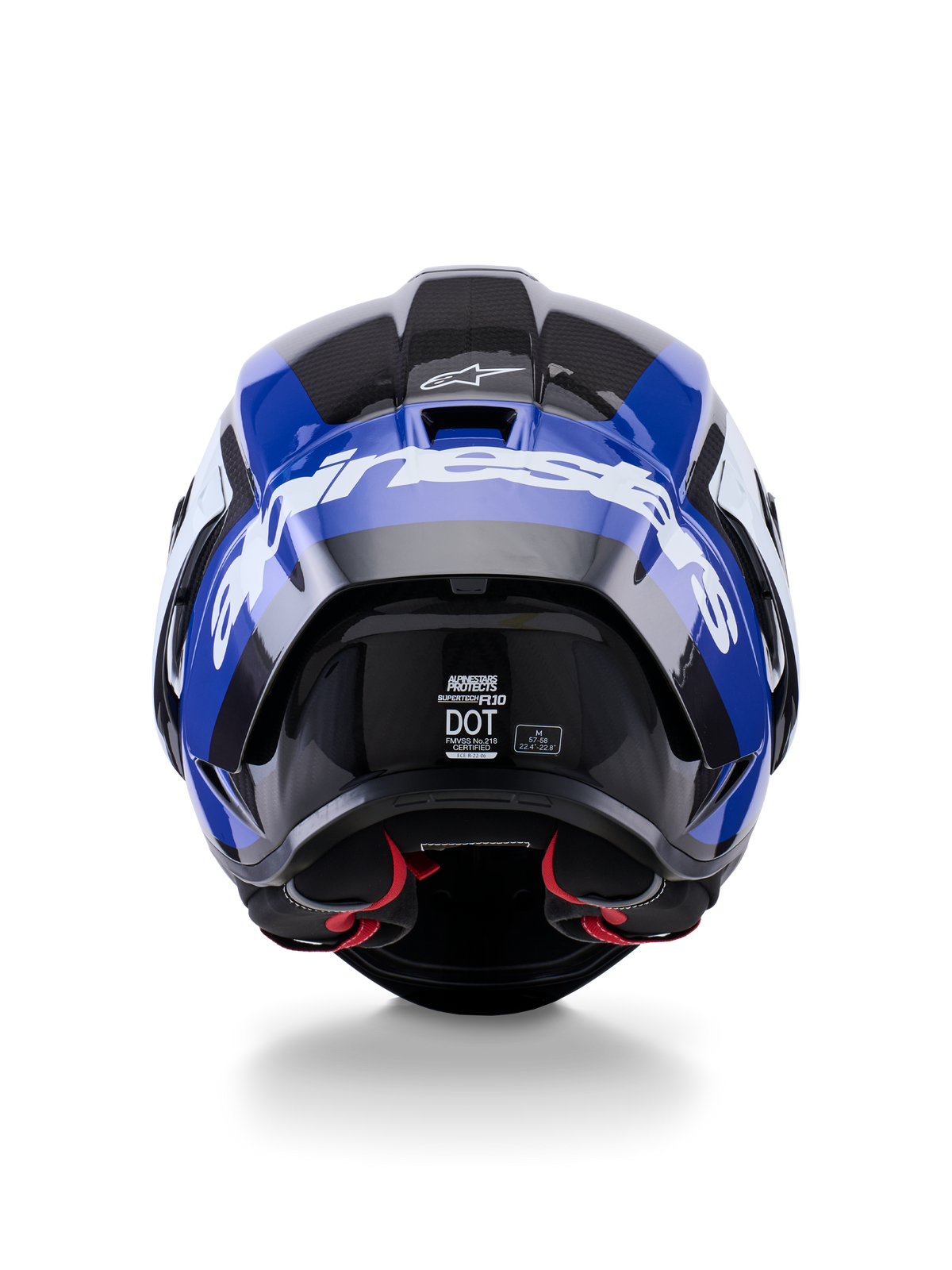 Alpinestars Supertech R10 Arius Helm, Rückansicht, Schwarz, Weiß und Blau glänzend, Carbonfaser-Konstruktion mit markantem weißem Branding, aerodynamische Form, DOT-Prüfsiegel, rote Innenpolsterung