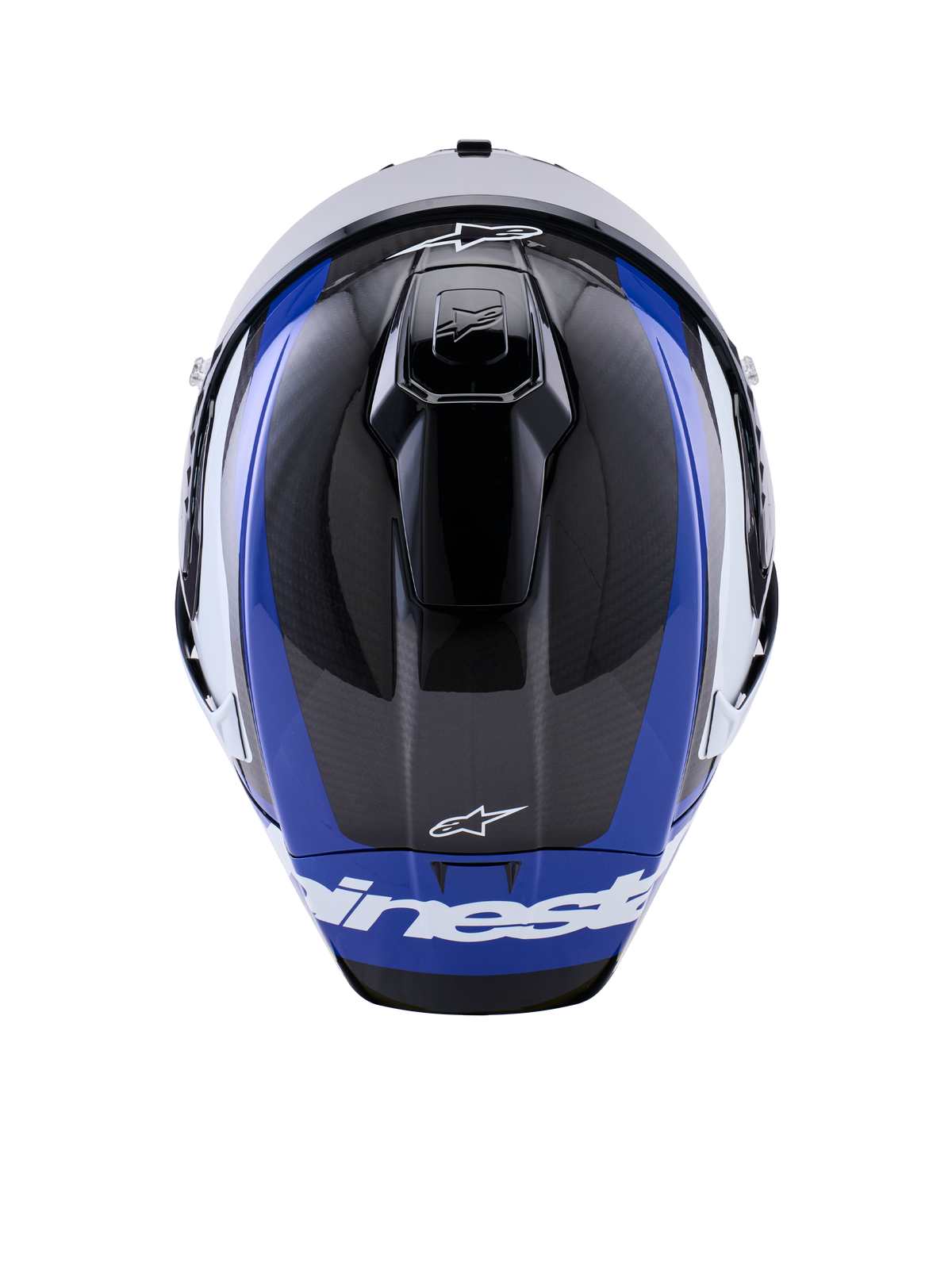 Alpinestars Supertech R10 Arius Helm, Integral-Motorradrennhelm, Schwarz Glänzend, Weiß und Blau, Draufsicht mit sichtbarer Kohlefaserstruktur, aerodynamischen Belüftungsöffnungen und weißem Alpinestars-Branding