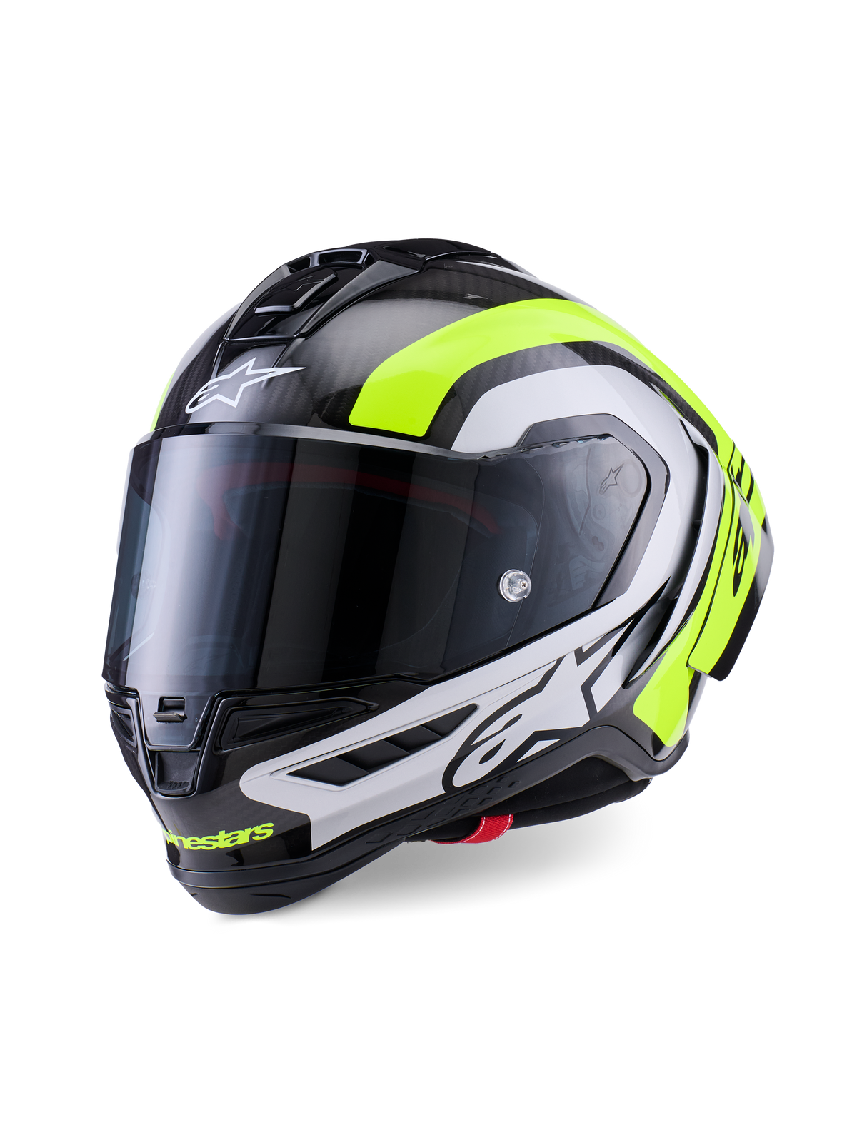 Alpinestars Supertech R10 Arius Helm, professioneller Motorrad-Rennhelm, glänzendes schwarzes Carbon mit Akzenten in Silber und fluoreszierendem Gelb, mit dunkel getöntem Visier, aerodynamischen Winglets und markantem Alpinestars-Branding
