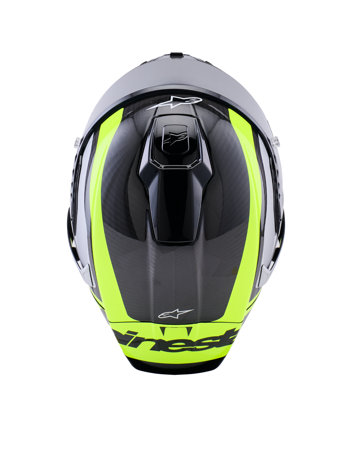 Alpinestars Supertech R10 Arius Helm, Draufsicht, Schwarz Silber und Gelb Fluo Glänzend, Carbonfaser-Schale mit leuchtend neongelben Streifen, aerodynamische Belüftungsöffnungen oben und Alpinestars-Logo, Hochleistungs-Rennhelm