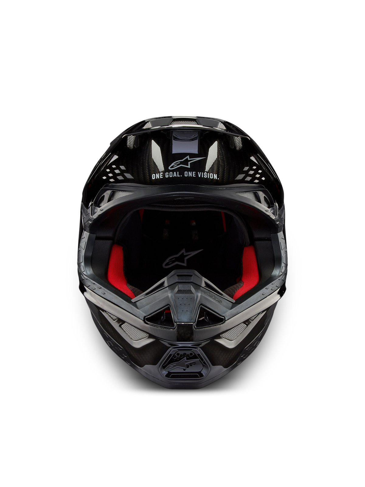 Alpinestars Supertech M10 Solid Helm ECE 22.06, schwarzer glänzender Carbon-Motocrosshelm, Vorderansicht mit roten Innenpolstern und Belüftungsöffnungen