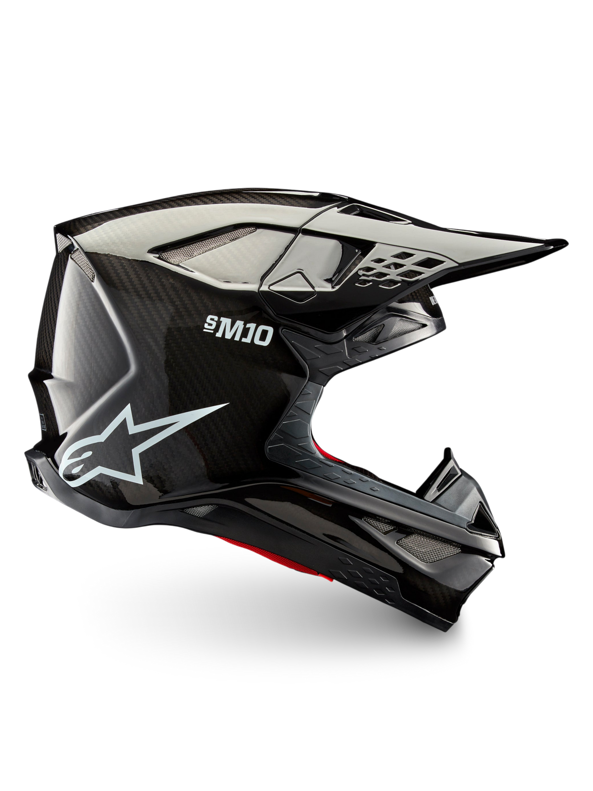 Alpinestars Supertech M10 Solid Helm ECE 22.06, schwarzer glänzender Carbon-Motocrosshelm mit Carbon-Schale, Visier und Belüftungsöffnungen für Offroad-Fahrten