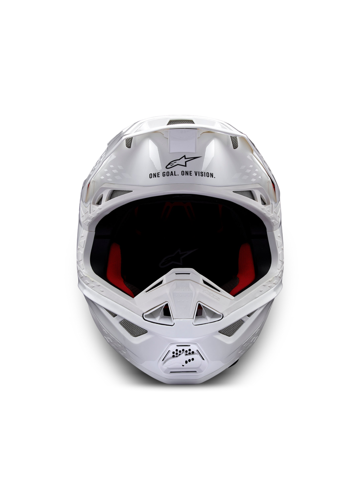 Alpinestars Supertech M10 Helm Solid ECE 22.06, weiß glänzender Motocross-Helm in Frontansicht mit roter und schwarzer Innenpolsterung