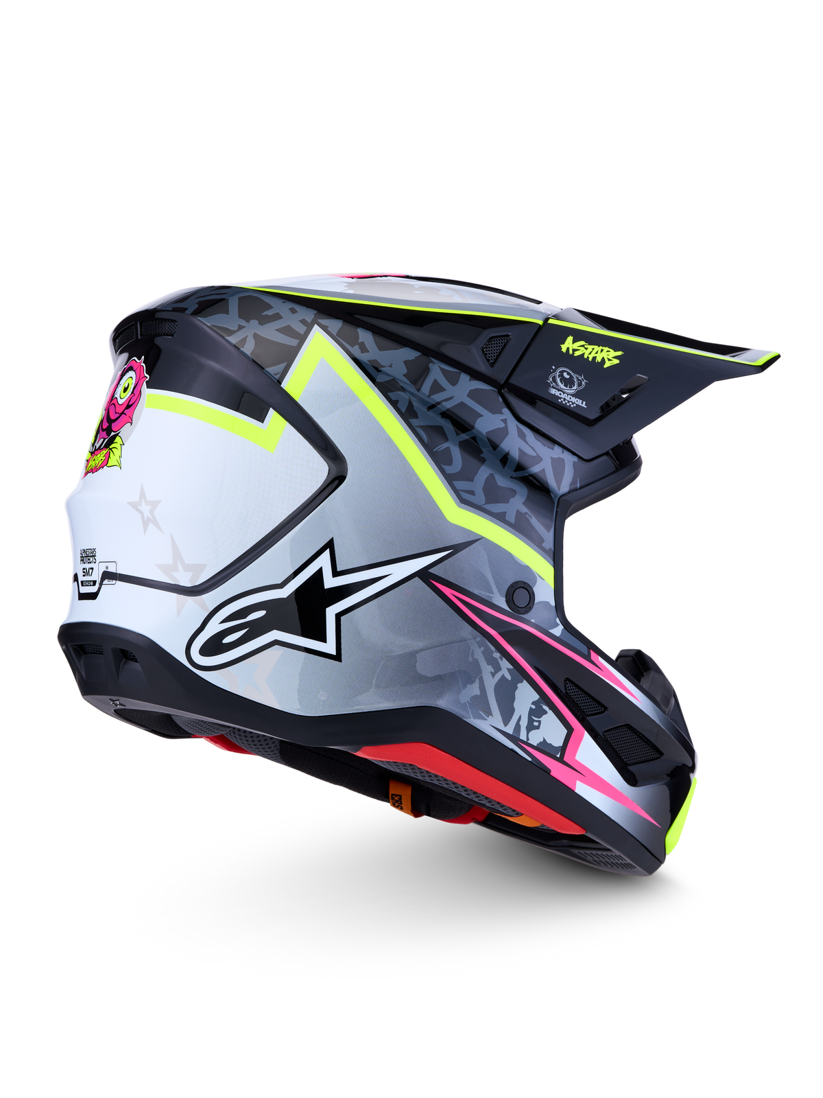 Alpinestars S-M7 Blaster Helmet ECE06, black and gray motocross racing helmet with fluorescent yellow accents.