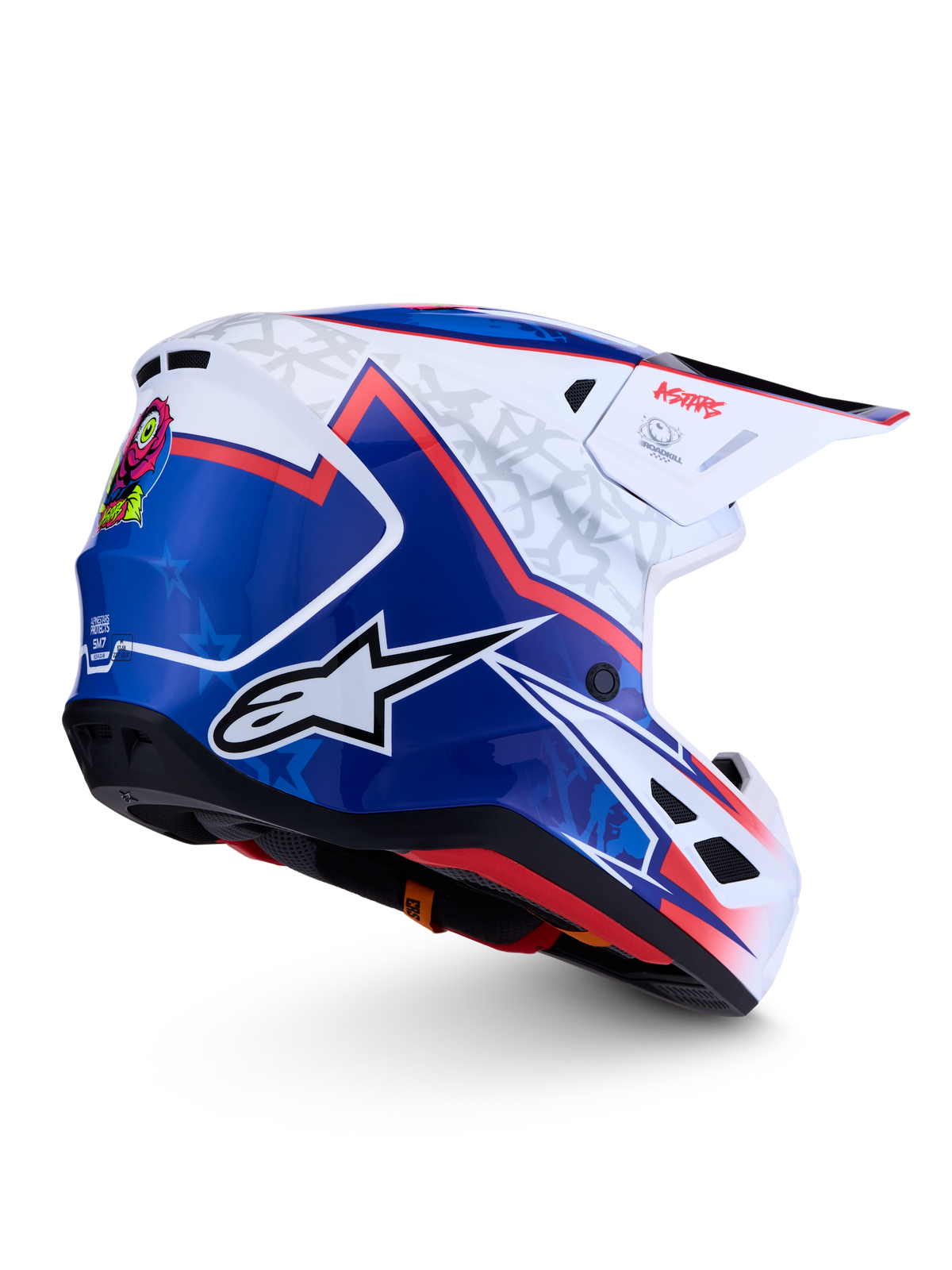 Alpinestars S-M7 Blaster Helm ECE06, glänzender Motocross-Helm in Blau und Weiß mit roten Akzenten, aerodynamisches Schalenprofil, zertifizierter Offroad-Schutz.