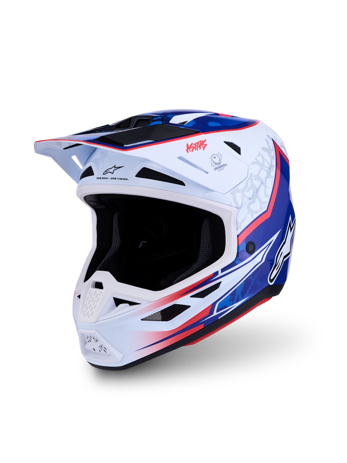 Alpinestars S-M7 Blaster Helm, glänzend Weiß, Blau und Rot, ECE 22.06 zertifizierter Motocross-Helm mit leichter Verbundschale.