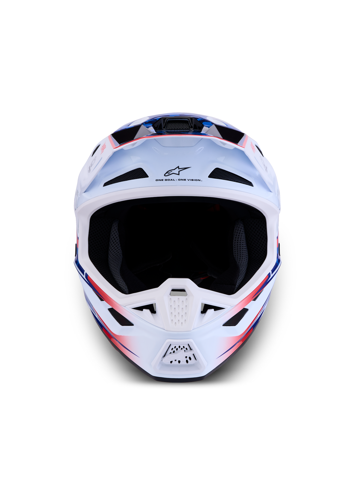 Alpinestars S-M7 Blaster Helm ECE06, professioneller Motocross-Helm, Frontansicht in Weiß, Blau und Rot glänzend, aerodynamische Verbundschale mit Belüftungsöffnungen, ECE 22.06 zertifiziert