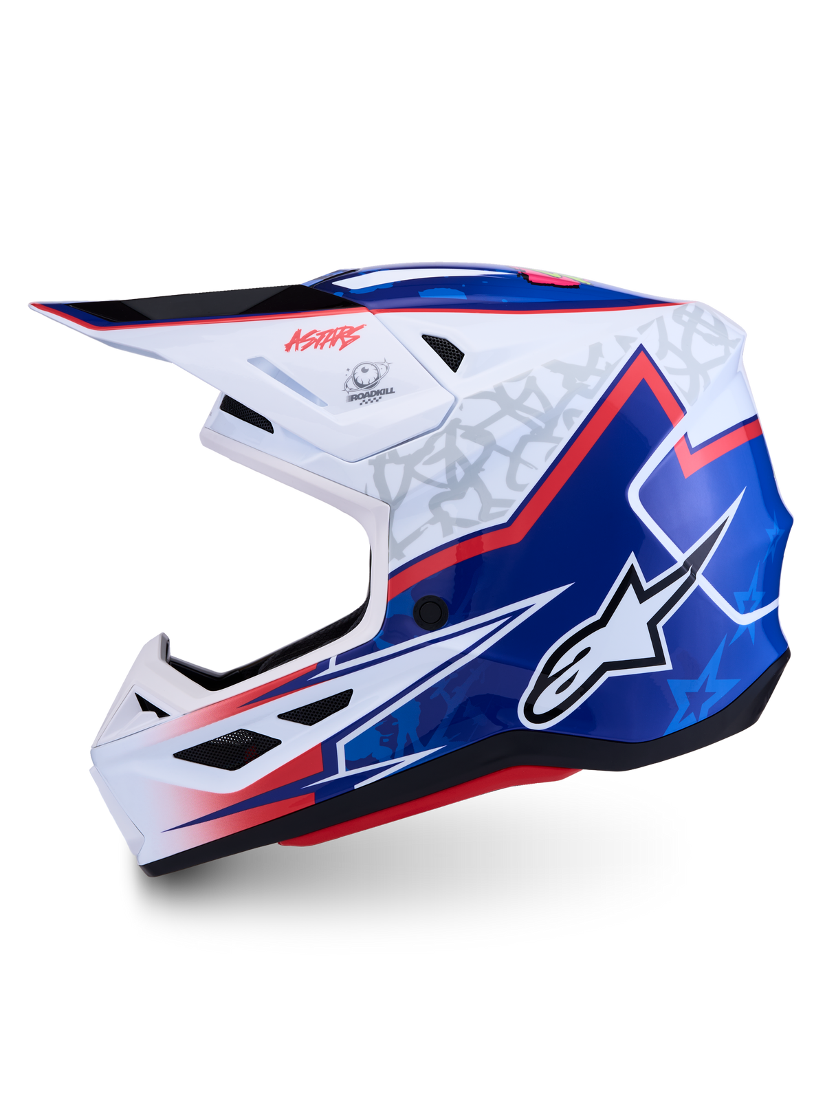 Alpinestars S-M7 Blaster Helm ECE06, Motocross-Helm, glänzend Blau und Weiß mit roten Akzenten, ECE 22.06 zertifiziert.