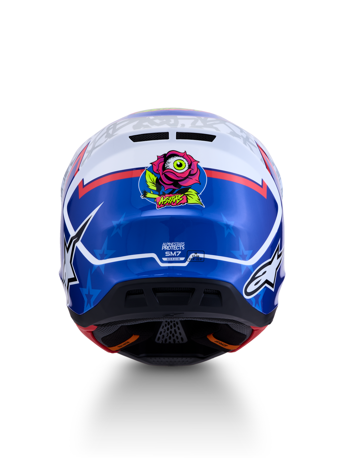 Alpinestars S-M7 Blaster Helm ECE06, Motocross-Helm, Blau und Weiß, Rückansicht mit Rosengrafik, ECE-zertifiziert.