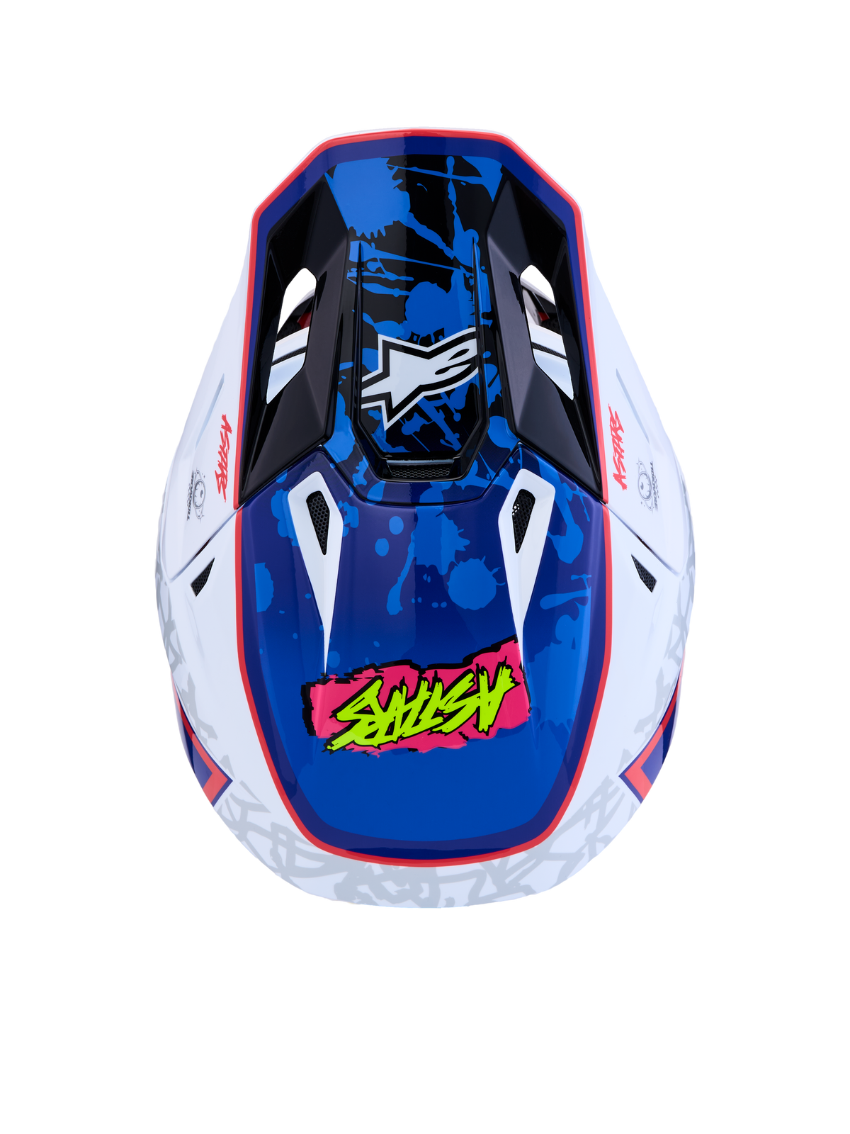 Alpinestars S-M7 Blaster Helm, Motocross-Helm in Weiß und Blau, ECE 22.06-zertifiziert, glänzende Farbspritzer-Grafik.