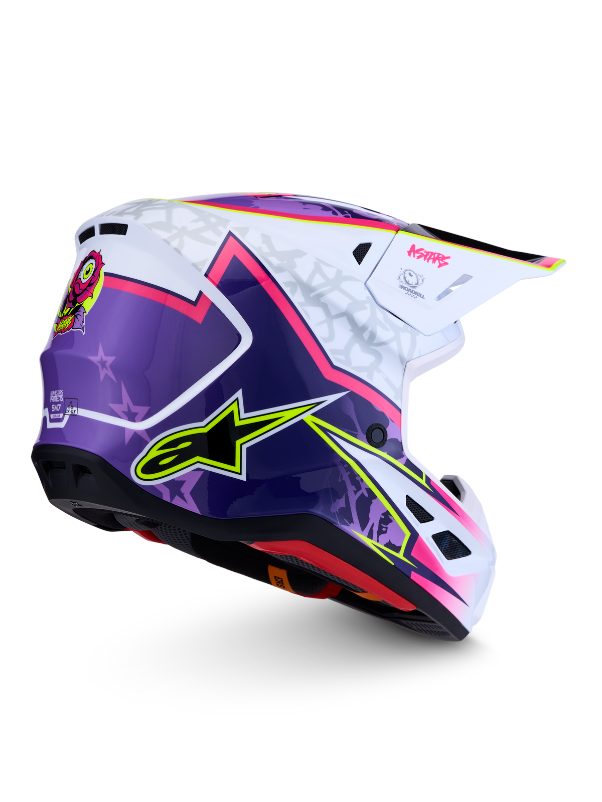 Alpinestars S-M7 Blaster Helm, glänzender Motocross-Helm in Lila, Pink und Weiß, aerodynamische Verbundschale, ECE 22.06 zertifiziert, professionelle MX-Ausrüstung