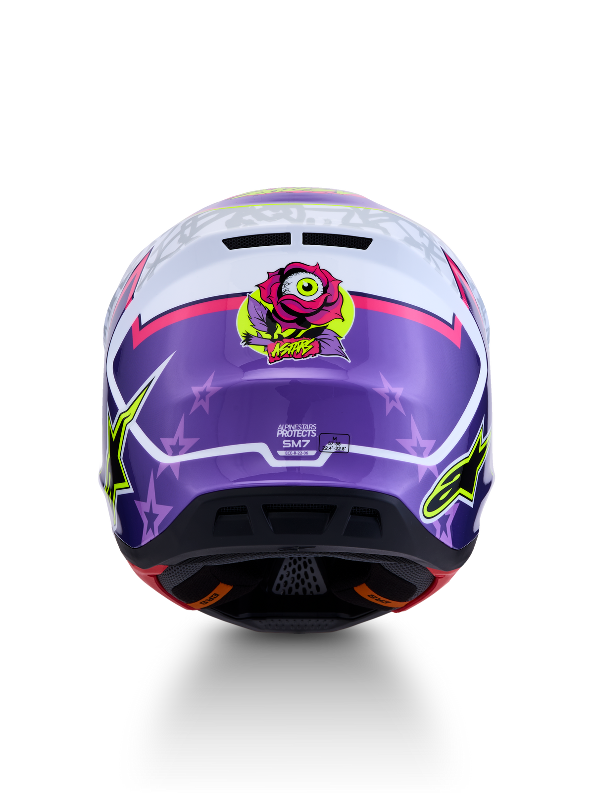 Alpinestars S-M7 Blaster Helm ECE06, Motocross-Helm, Lila und Pink, glänzend, Rosen-Grafik, Sternenmotiven, ECE-zertifiziert.
