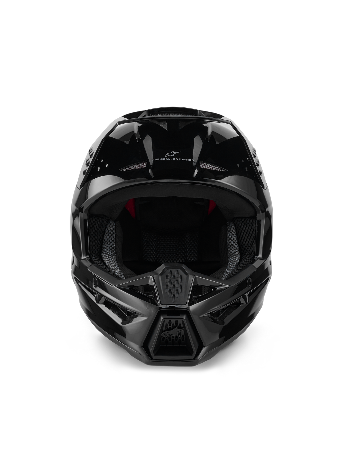 Alpinestars S-M3 Solid Helmet ECE 22.06, Motocross Helmet, Black Glossy, front view showing intake ventilation ports, sleek aerodynamic shell with glossy finish, featuring Alpinestars logo and 'One Goal. One Vision.' branding