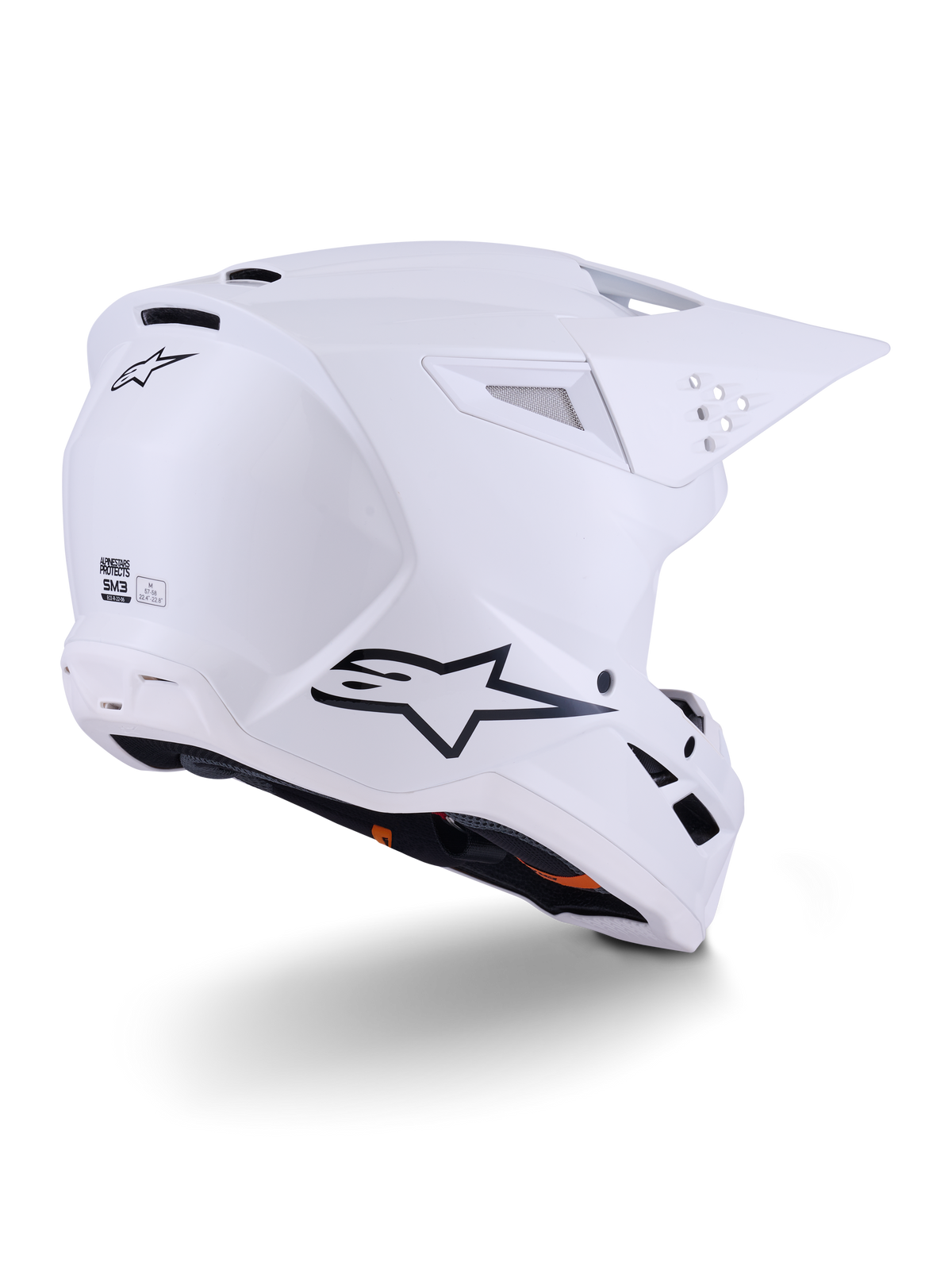 Alpinestars S-M3 Solid Helm, Motocross-Helm, Weiß Glänzend, Dreiviertel-Rückansicht mit schwarzem Alpinestars-Logo, Belüftungsöffnungen und aerodynamischem Schalendesign für den Offroad-Rennsport