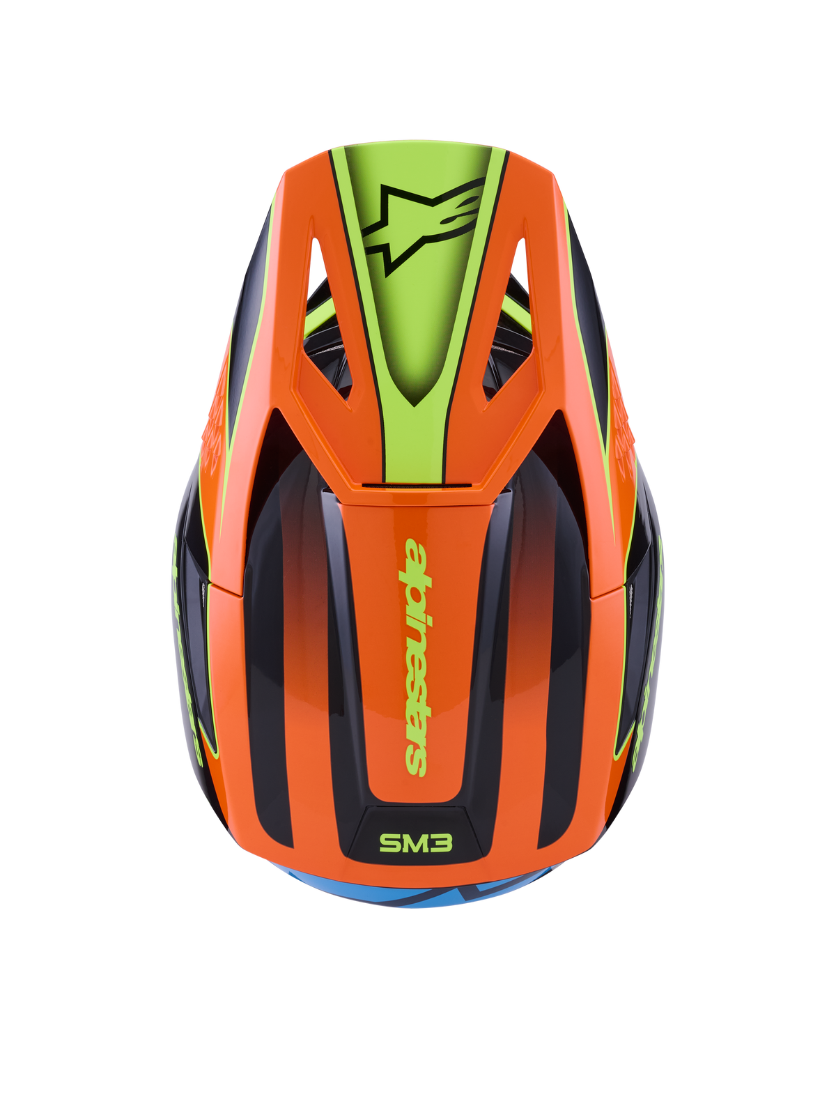 Alpinestars S-M3 Fray Helm, Motocross-Helm, Orange und Neongelb mit schwarzen Akzenten, Draufsicht mit aerodynamischer Schale und Helmschirm mit Alpinestars-Logo, lebendiges Grafikdesign für Offroad-Einsätze