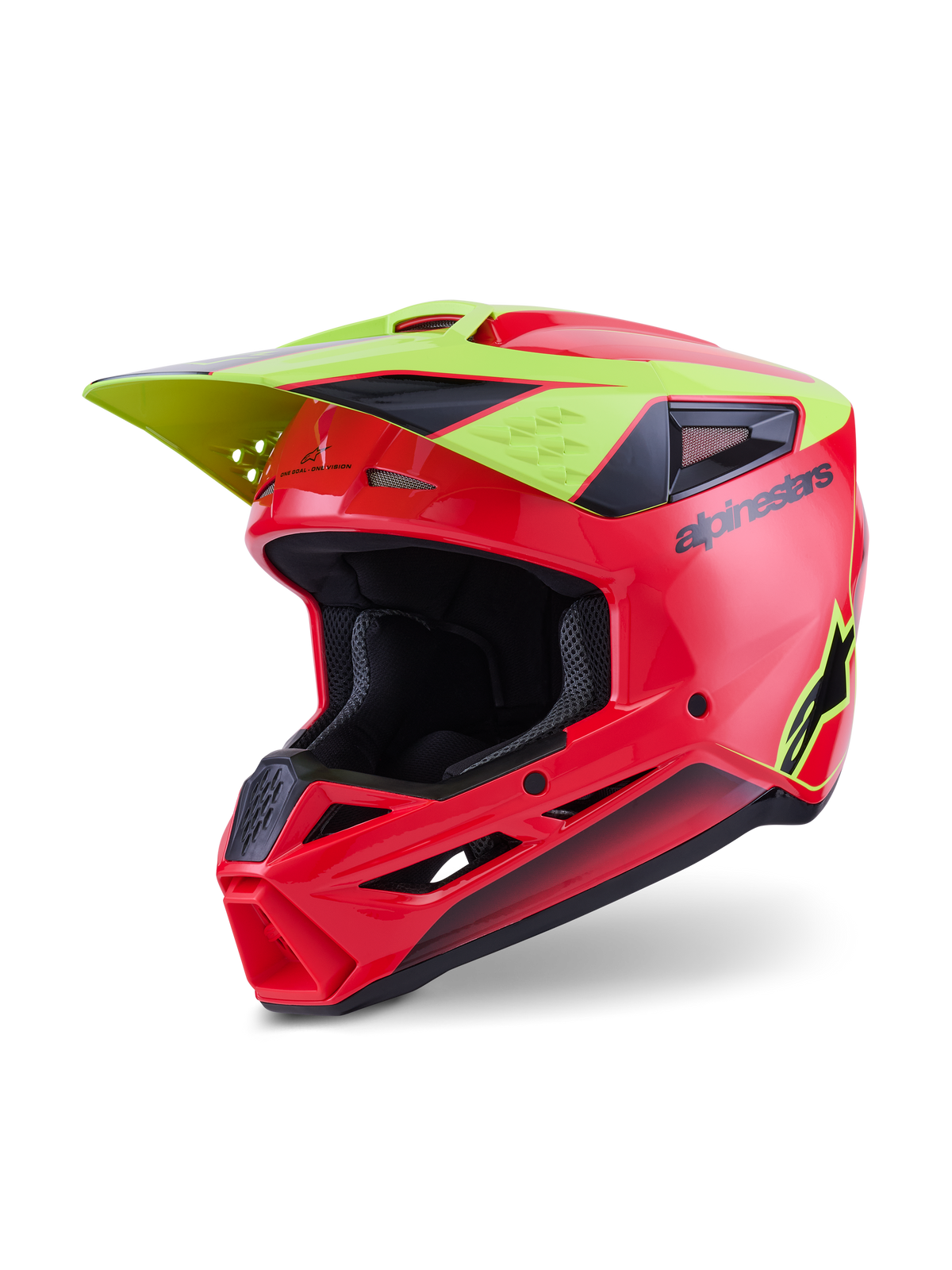 Alpinestars S-M3 Fray Helmet ECE 22.06, Motocross Helmet, Red Yellow Fluo Black Glossy, featuring an aerodynamic shell with ventilation ports, integrated yellow visor, black Alpinestars wordmark and star logo, glossy finish for off-road racing