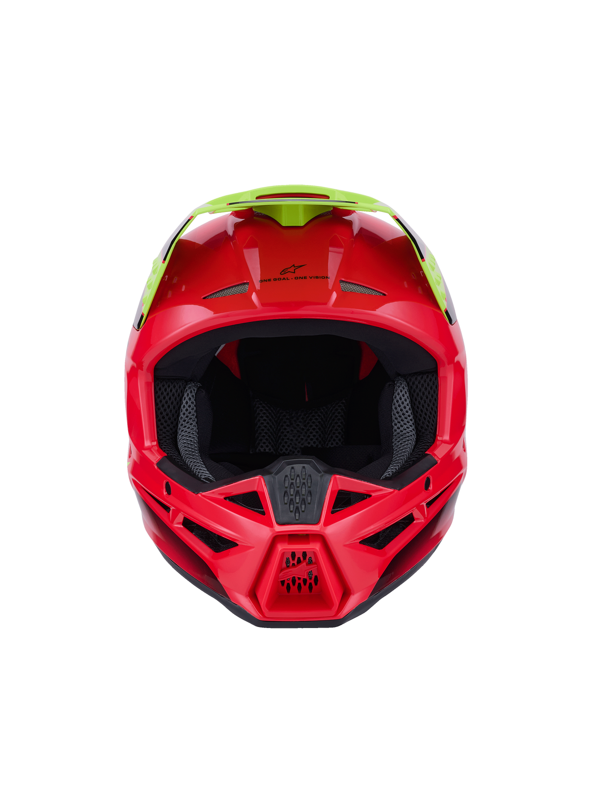 Alpinestars S-M3 Fray Helmet ECE 22.06, Motocross Helmet, Red and Yellow Fluo, front view with glossy finish, featuring multiple ventilation inlets and a prominent visor, high-performance protective gear for off-road riding