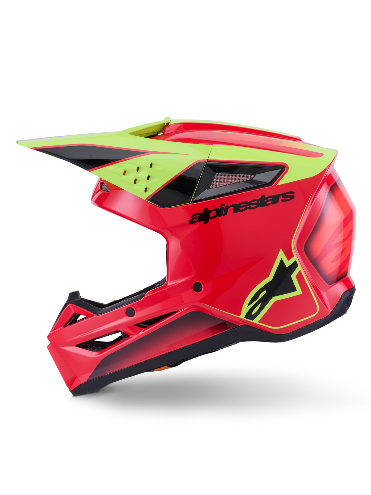 Alpinestars S-M3 Fray Helmet ECE 22.06, Motocross Helmet, Red Yellow Fluo and Black Glossy, side profile view, featuring an aerodynamic thermo-injected shell with multiple ventilation ports, black Alpinestars branding, and fluorescent yellow star logo, high-performance head protection for off-road riding.