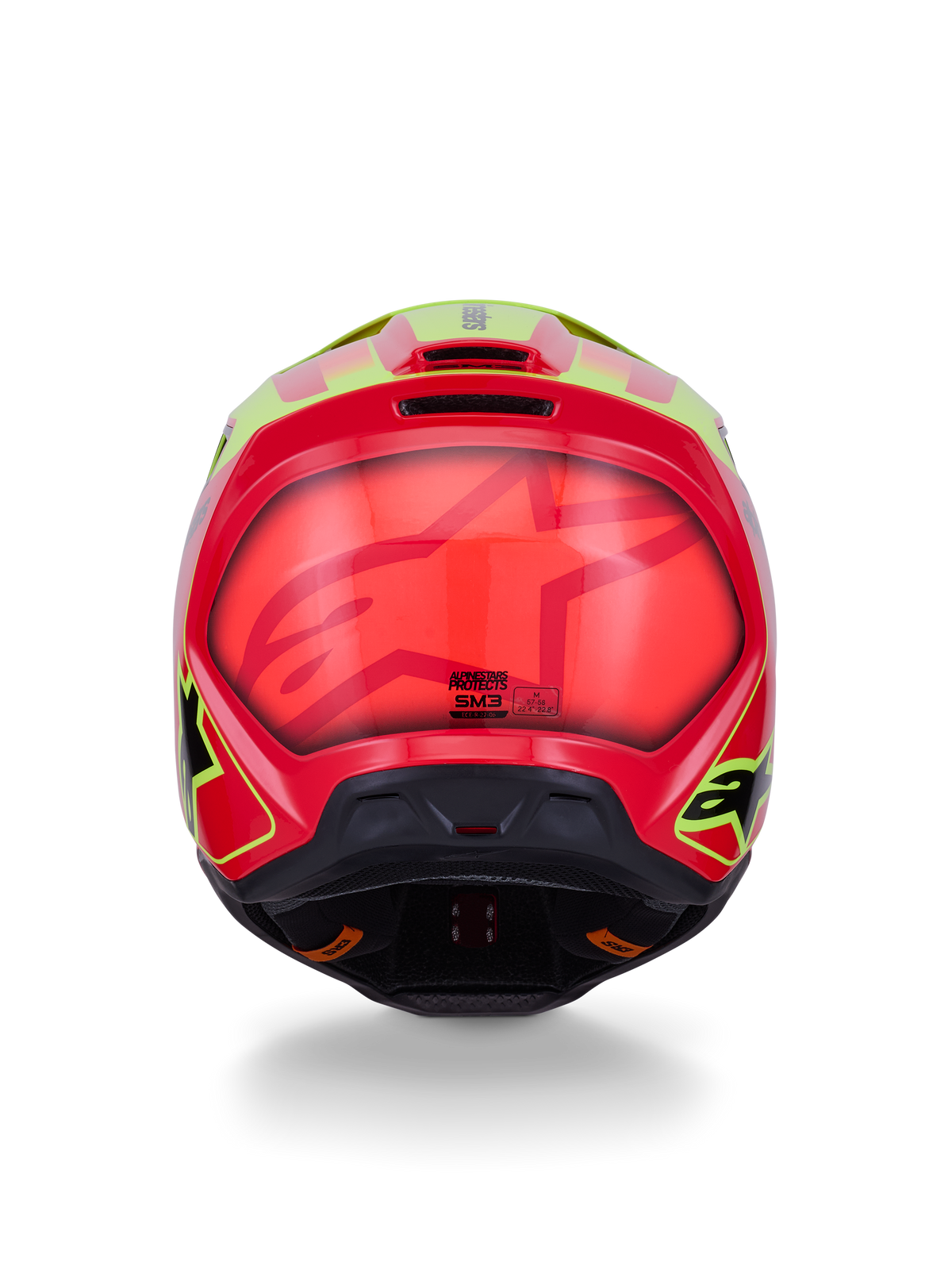 Alpinestars S-M3 Fray Helmet ECE 22.06, Motocross Helmet, Red Yellow Fluo Black Glossy, rear view featuring glossy aerodynamic shell with bold red and fluorescent yellow graphics, integrated ventilation ports and safety certification branding